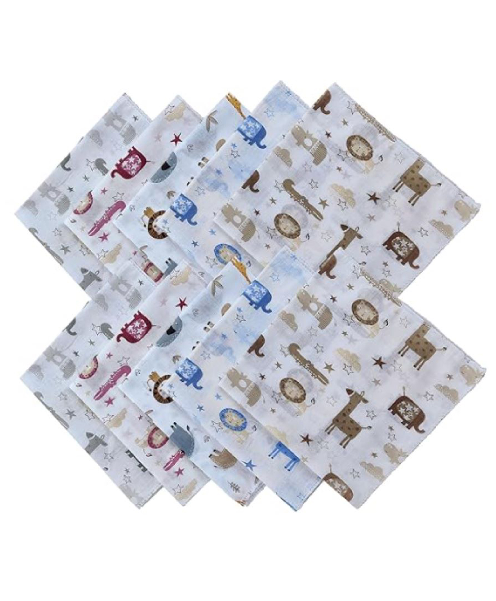 Trance Home Linen Super Soft 100% Cotton Thin Malmal Face Towels Hygiene Wash Cloth Hankies for New Babies Cotton Reusable Napkins Stars and Animals - 10 pcs-picture-26