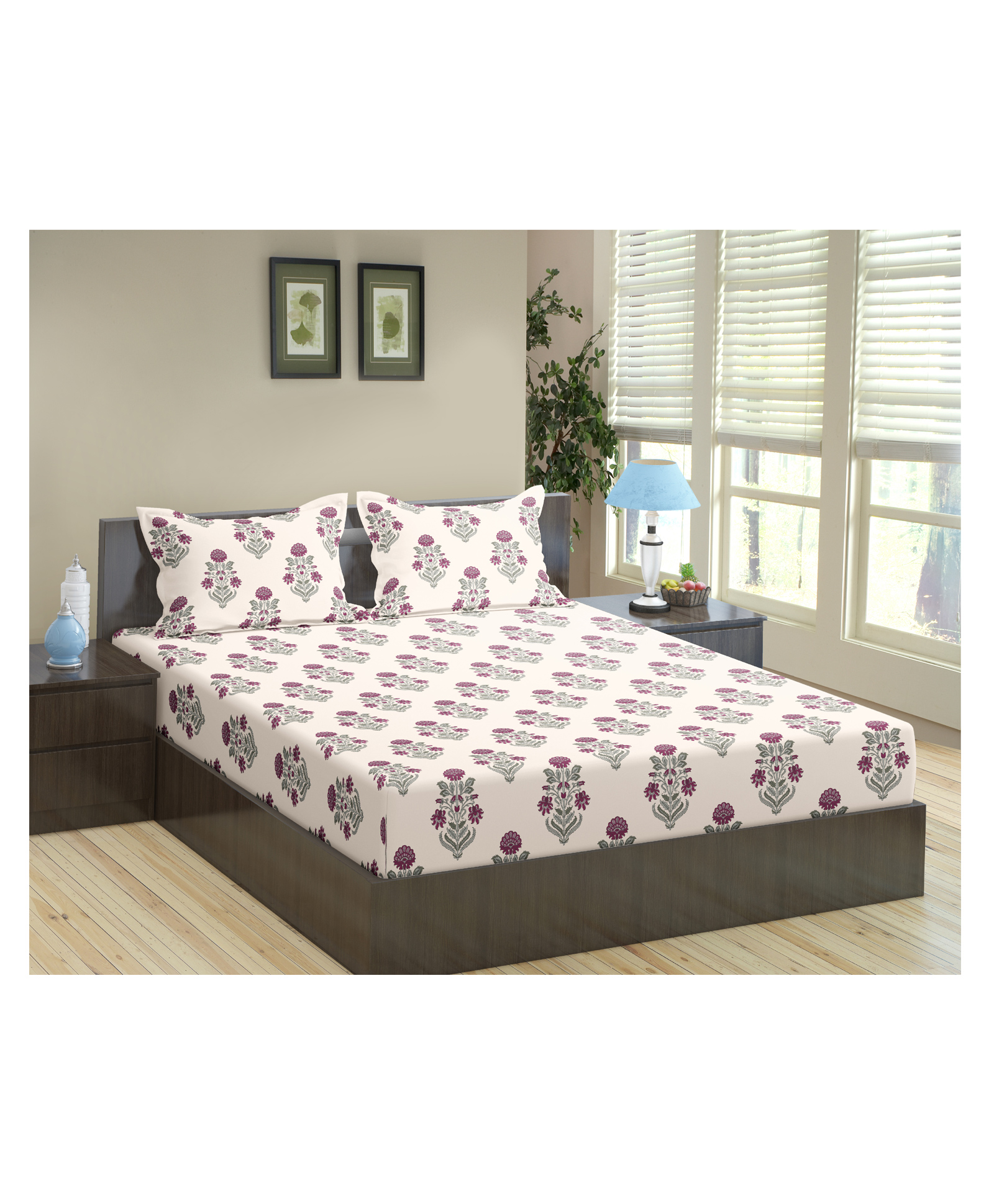 Trance Home Linen Pure Cotton Soft and Skin Friendly 200 TC King Fitted Printed Elastic Bedsheet with 2 Pillow Covers 78 x 72 Inches -  Aangan Pink-picture-30