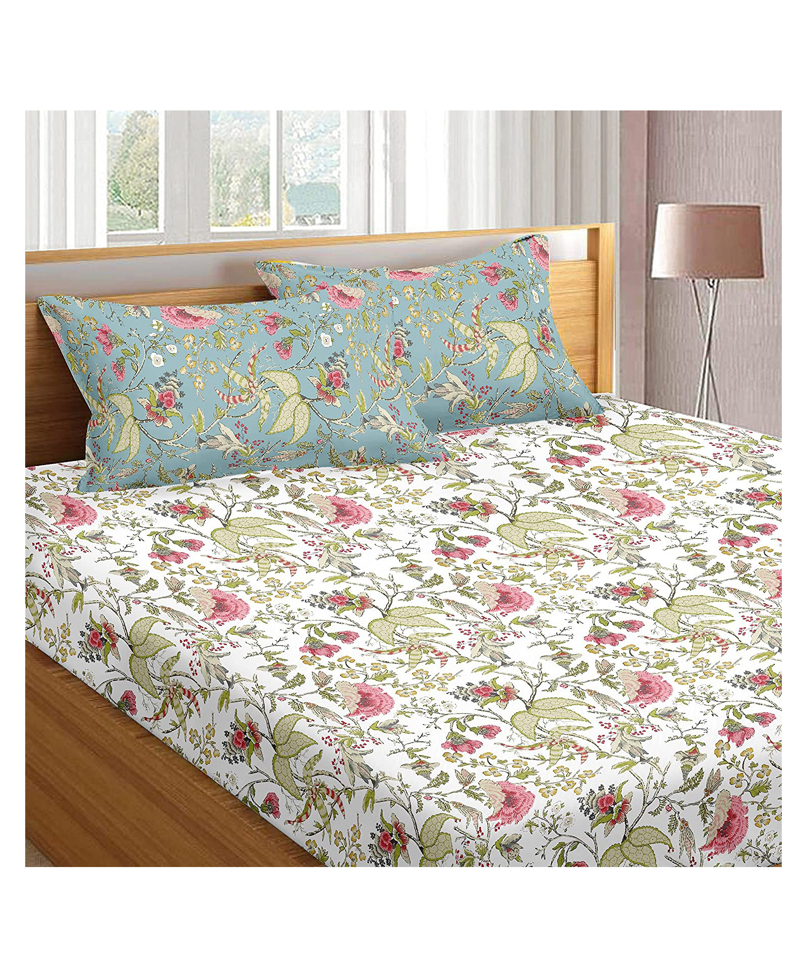 Trance Home Linen Pure Cotton Soft and Skin Friendly 200 TC King Fitted Printed Elastic Bedsheet with 2 Pillow Covers 78 x 72 Inches -  Calicut White-image-33
