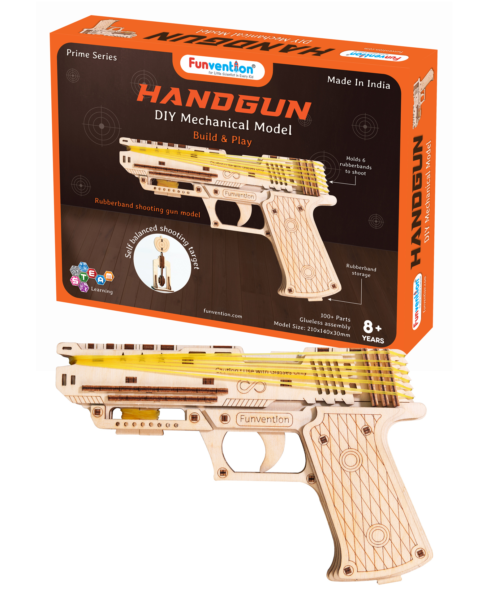 Funvention Handgun DIY Functional Mechanical Model STEM 3D Puzzle Lerning Collectible Kit With Rubberband Shooting & Storage- Multicolor-image-2