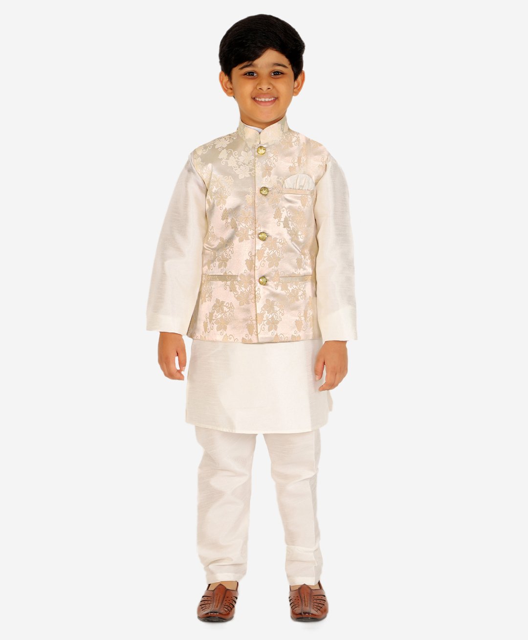 P-Mark Full Sleeves Solid Kurta & Pyjama With Vintage Floral Swirl Design Detailed Jacket - Cream-image-39