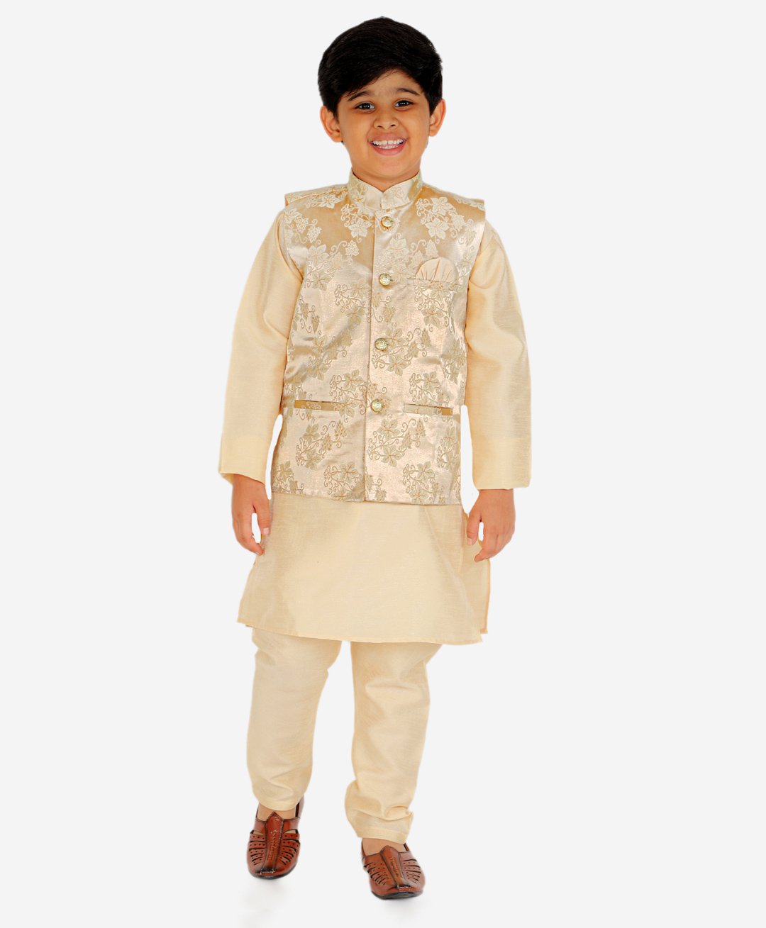 P-Mark Full Sleeves Solid Kurta & Pyjama With Vintage Floral Swirl Design Detailed Jacket - Golden-image-23