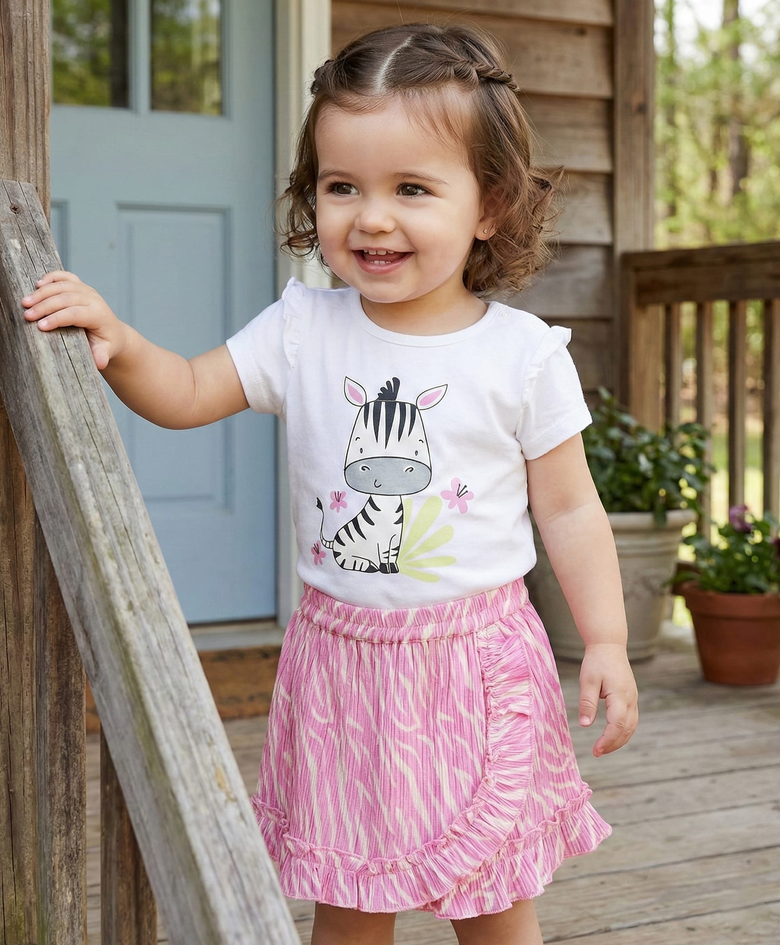 Babyoye Eco Conscious Crinkle Gauze Half Sleeves Top & Skirt Set Zebra Print - White & Pink-image-33