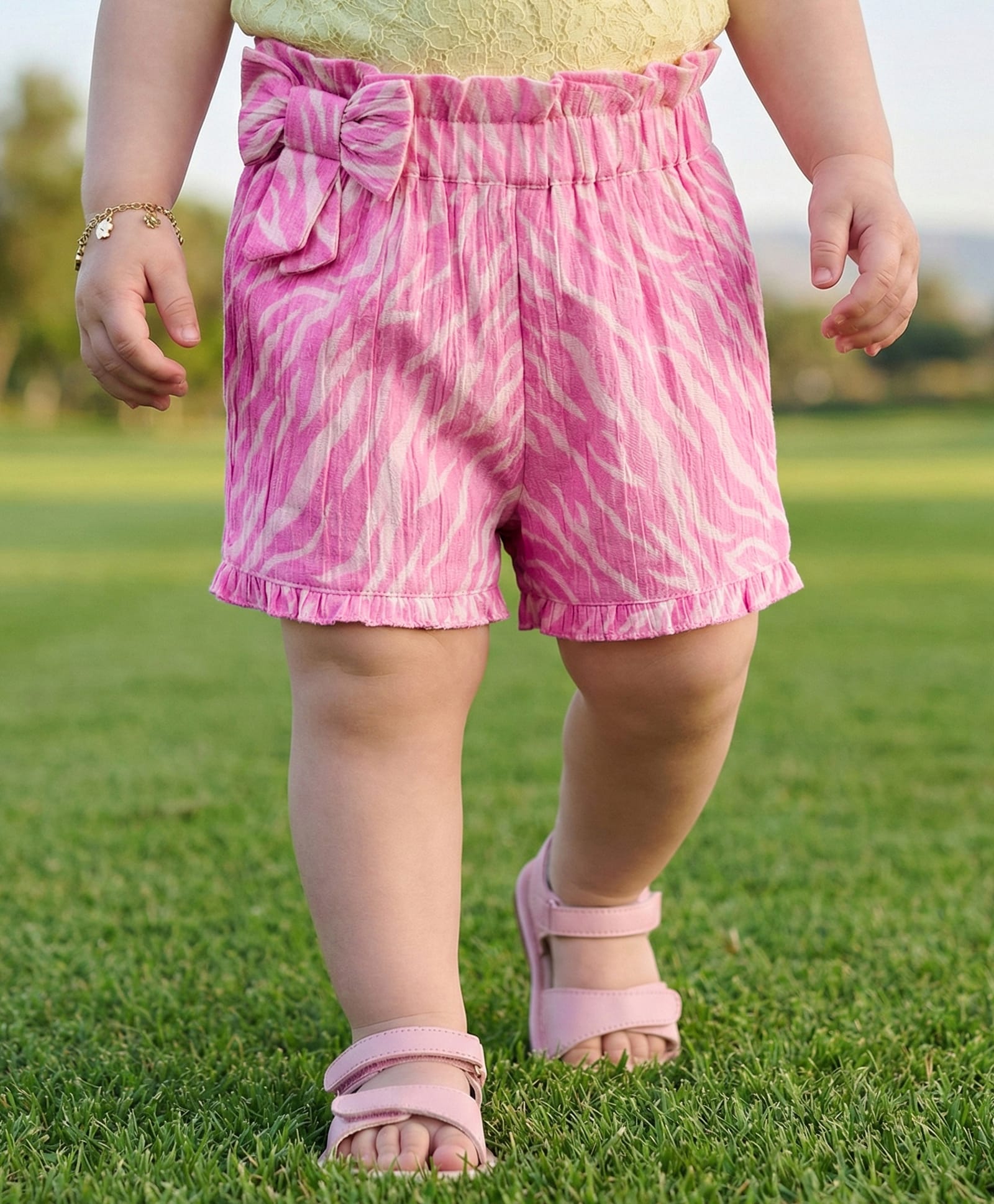 Babyoye Eco Conscious Crinkle Gauze Knee Length Shorts Abstract Print- Pink-image-35