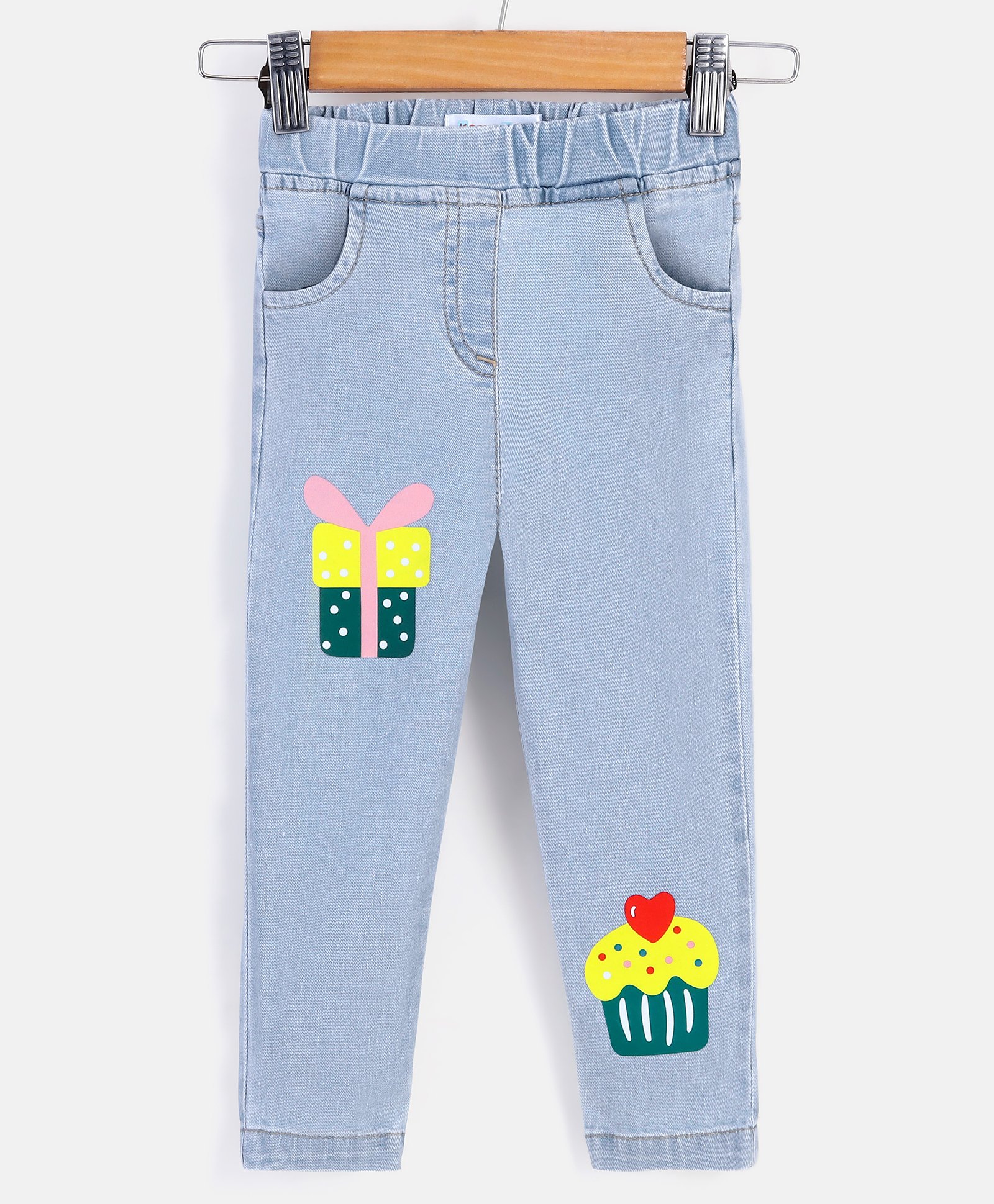 Kookie Kids Cotton Lycra Full Length Denim Jeans with Muffin Print - Light Blue-picture-13