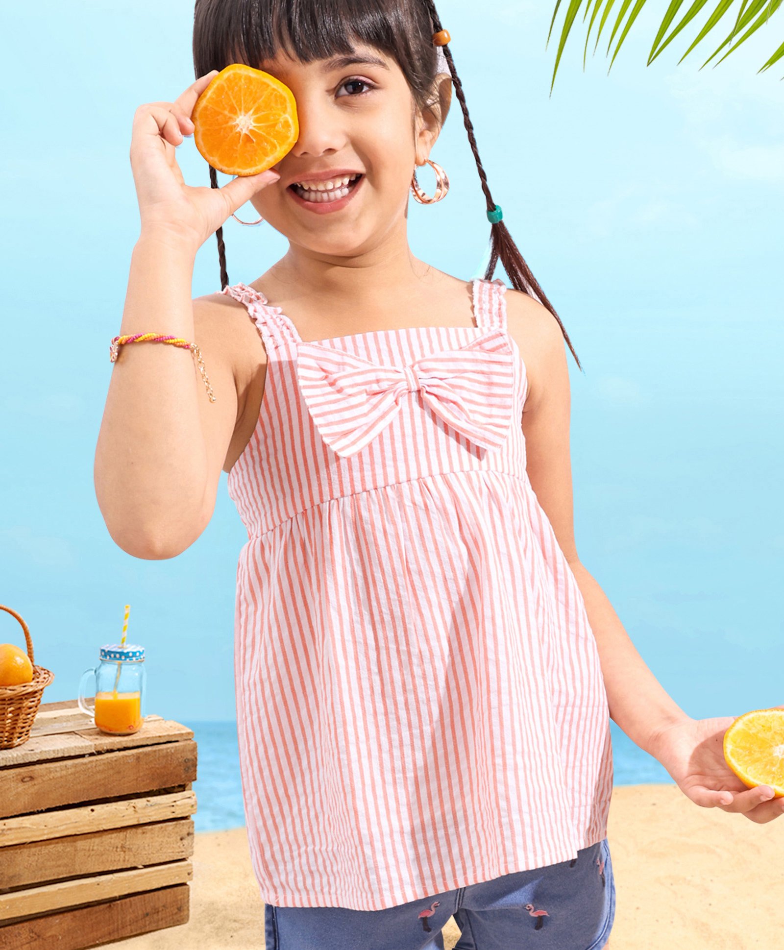 Babyhug Sleeveless Seer Sucker Woven Top With Stripes & Bow Detailing - Peach-image-18