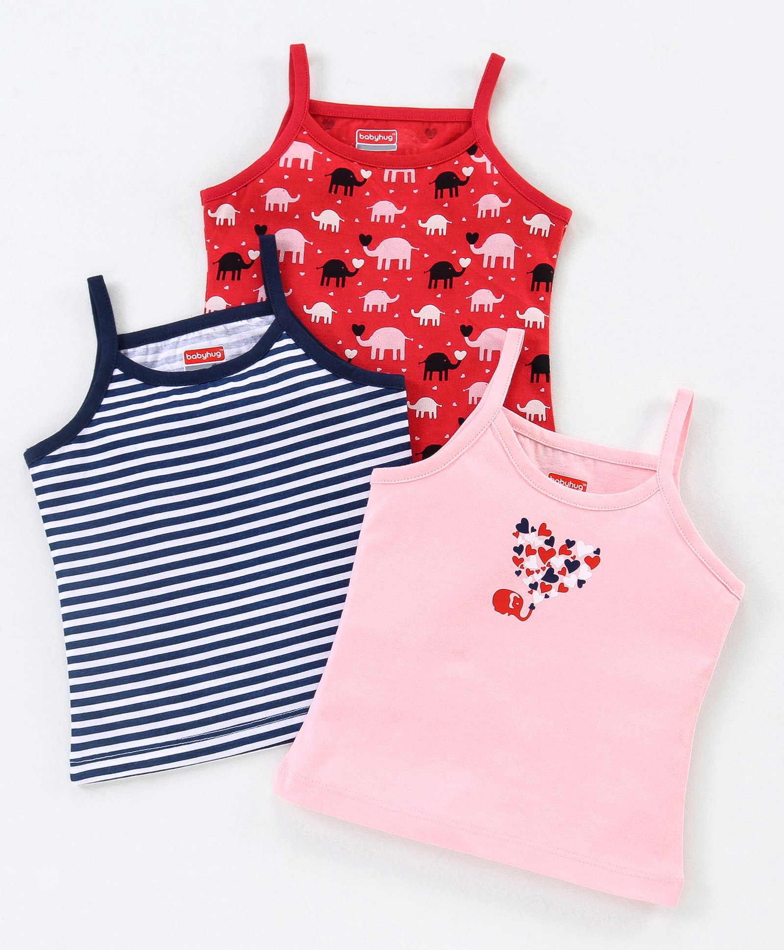 Babyhug 100% Cotton Sleeveless Floral Print & Striped Slips Pack of 3 - Red Black & Pink-image-39