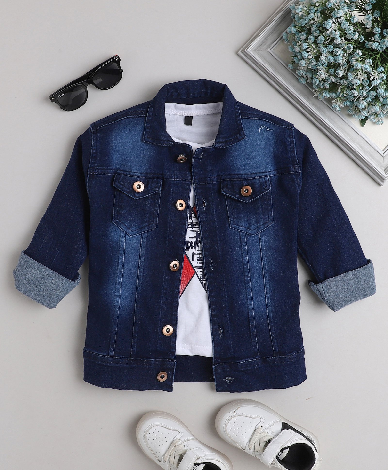 Ministitch Full Sleeves Washed Denim Jacket With Half Sleeves Text Printed T Shirt - White And Navy Blue-picture-10