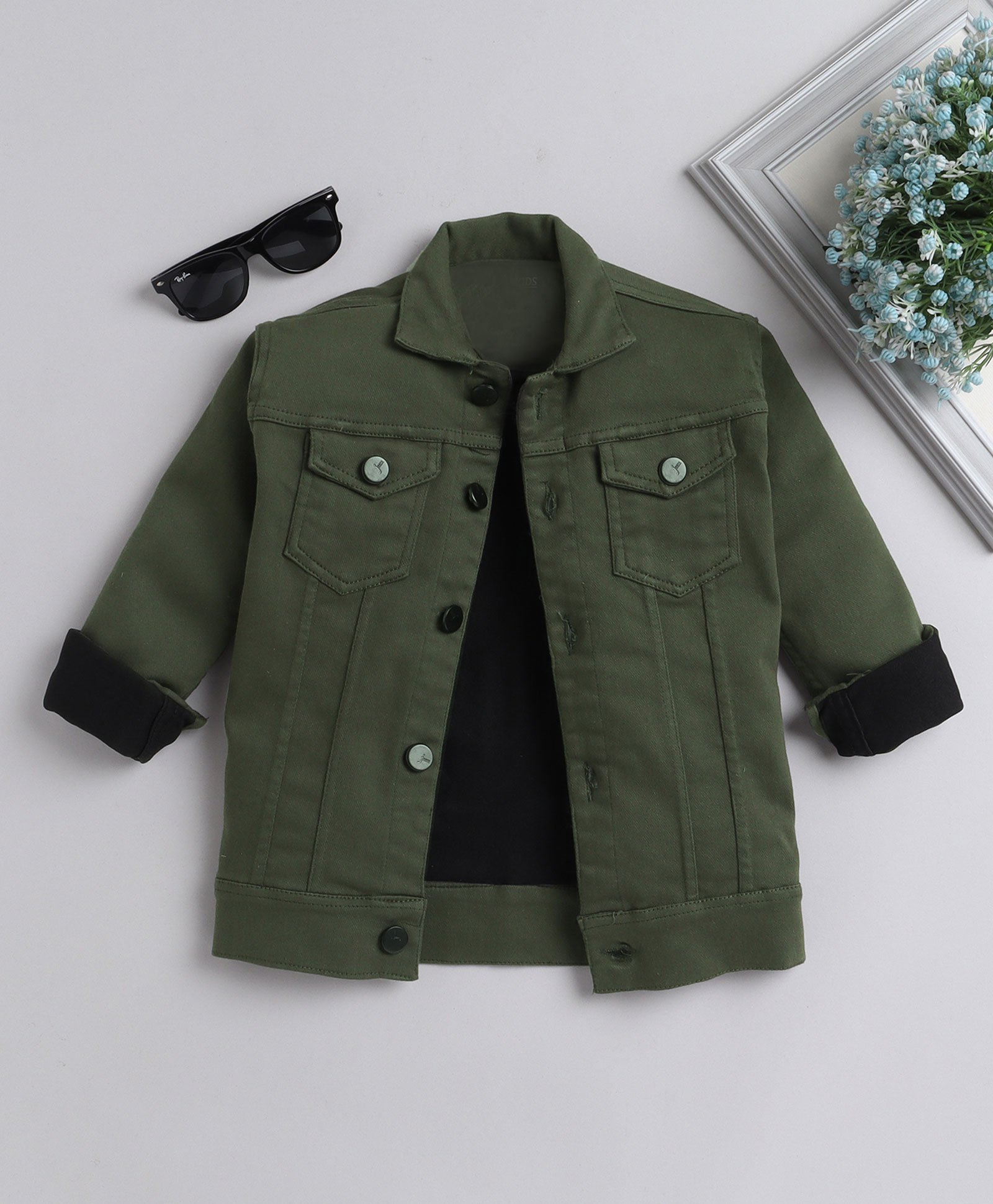 Ministitch Full Sleeves Solid Denim Jacket - Olive Green-picture-1