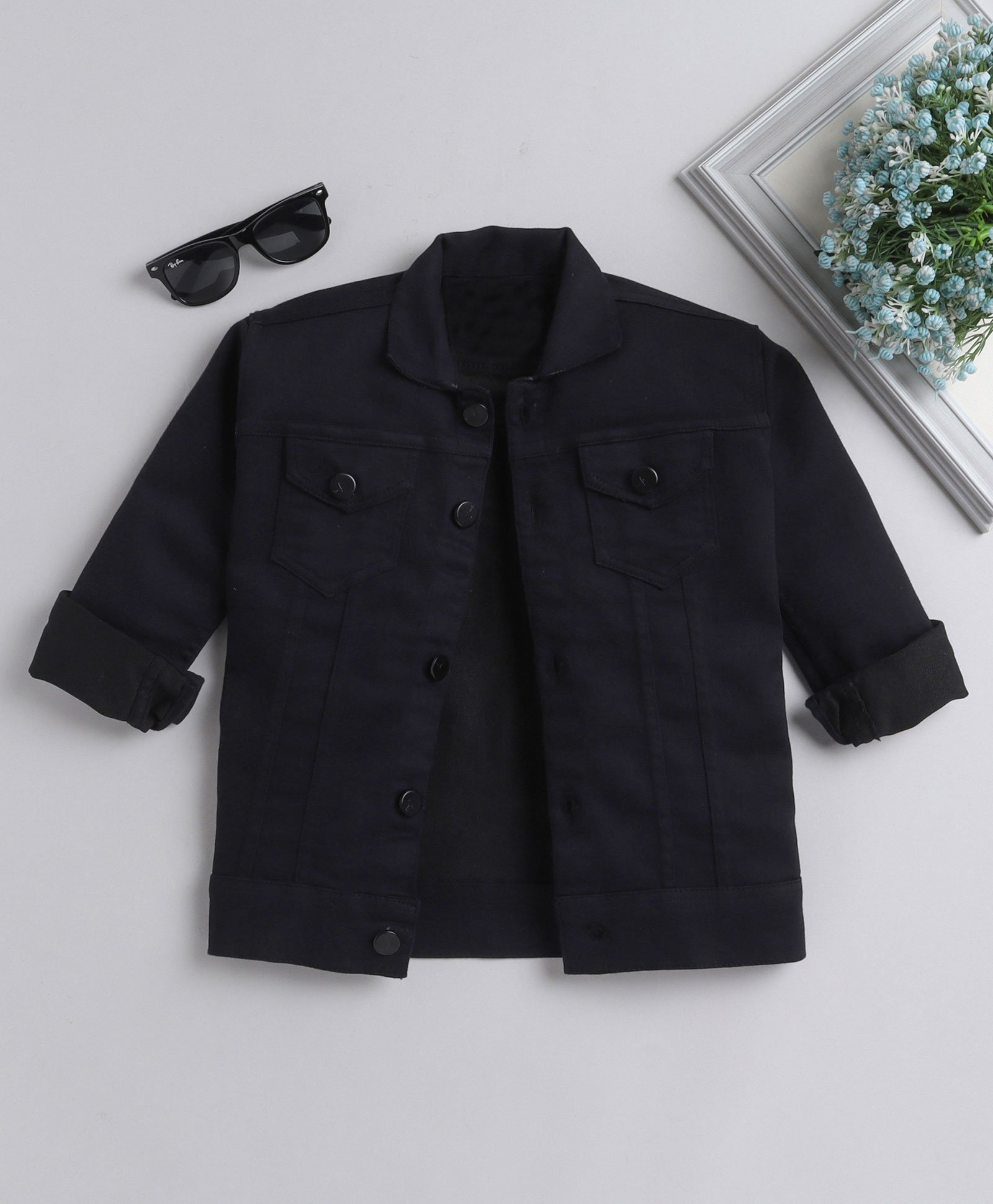 Ministitch Full Sleeves Solid Denim Jacket - Black-image-37