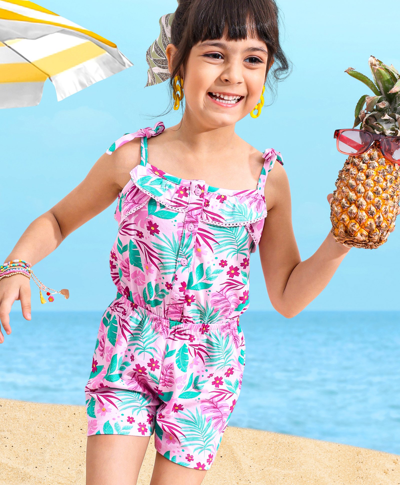 Babyhug 100% Cotton Singlet Sleeves Jumpsuit Floral Print - Pink-picture-22