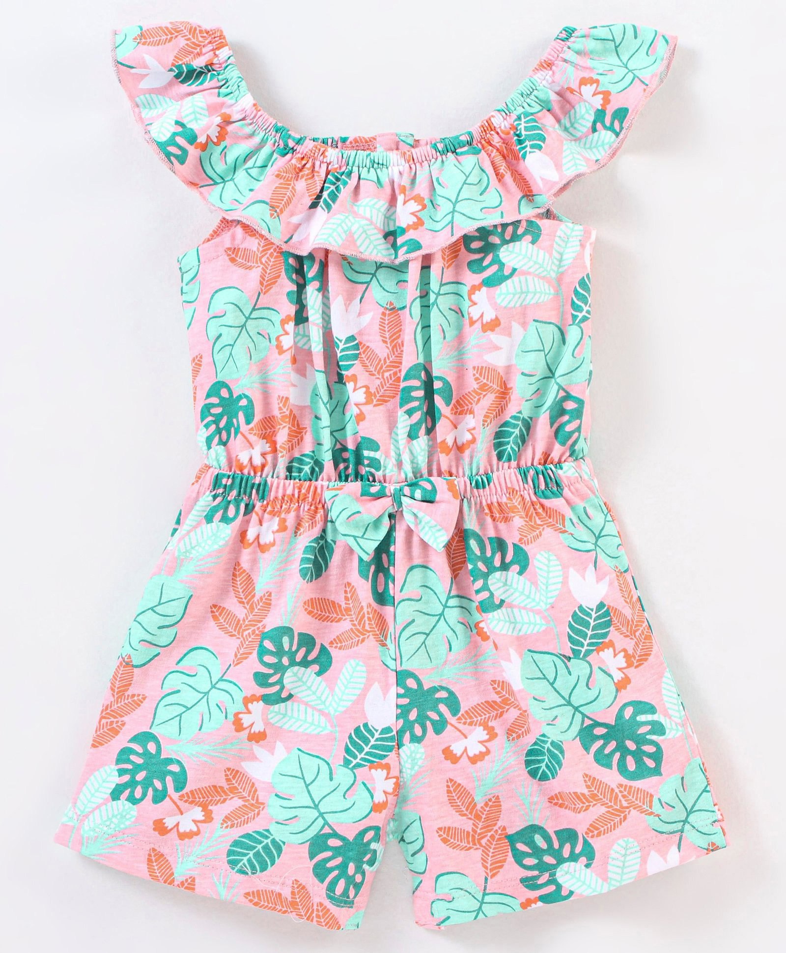 Babyhug 100% Cotton Knitted Sleeveless Jumpsuit With Attched Bow Leaf Print - Peach-picture-22