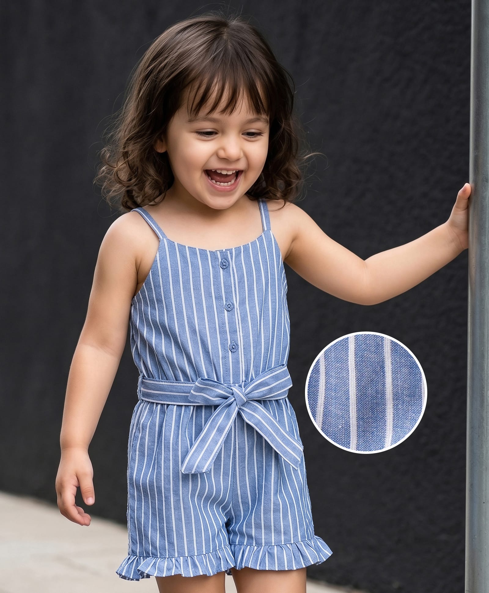 mark & mia Kookie Kids Cotton Sleeveless Yarn Dyed Striped Jumpsuit with Belt Detailing- Blue-picture-20
