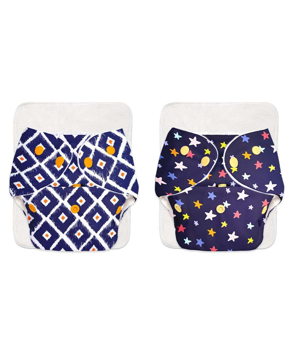BASIC Freesize Adjustable Washable and Reusable Cloth Diaper with Inserts Pack of 2 - Assorted Prints-image-0