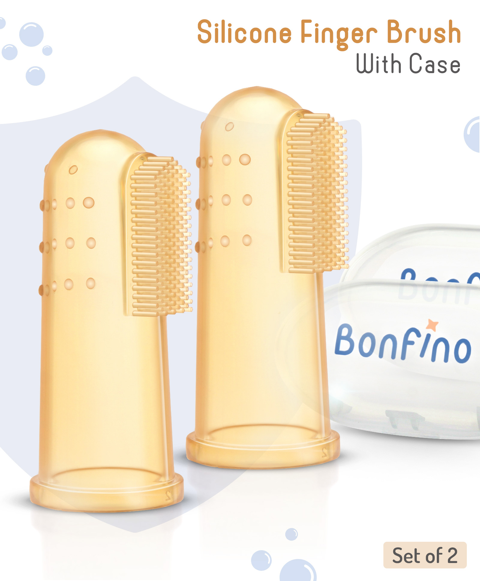 Bonfino Silicone BPA Free Finger Brush with Protective Case Brown - Pack of 2