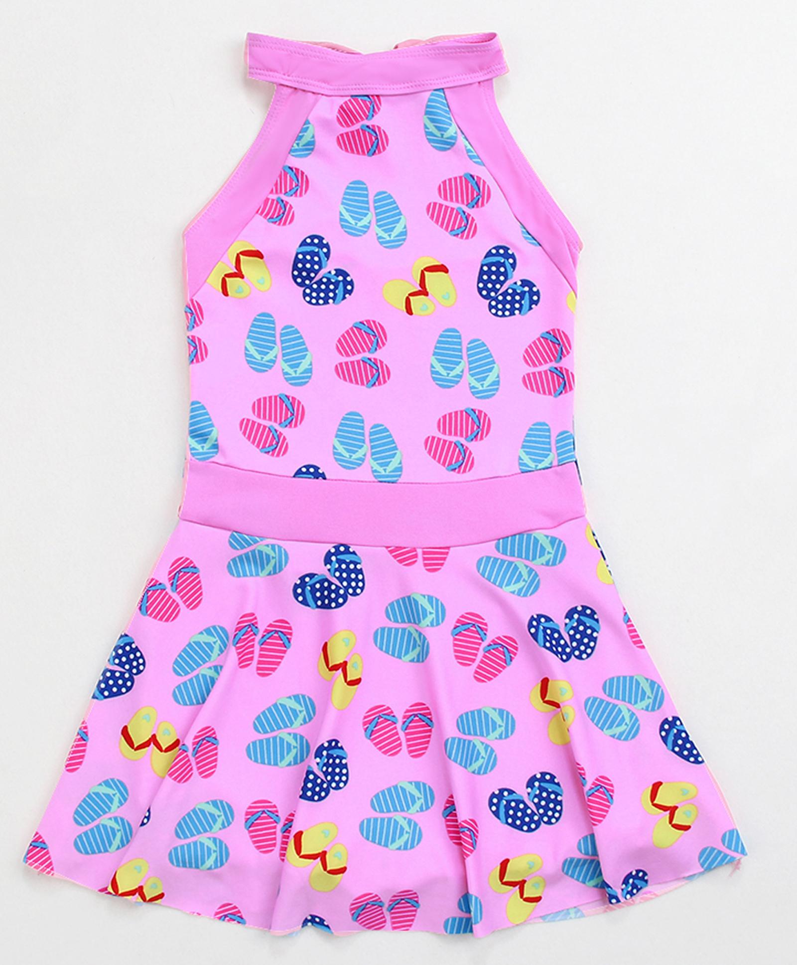 Babyhug Sleeveless Frock Swimsuit Slipper Print - Pink-image-12