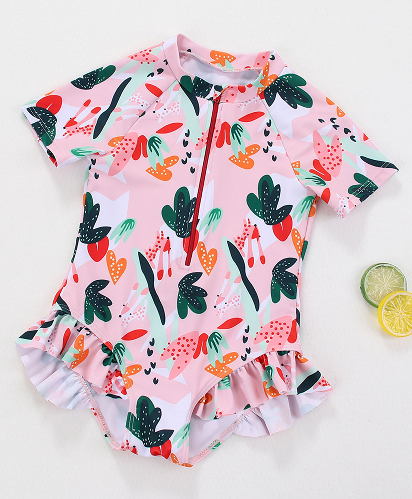 Babyhug Short Sleeves V Cut Swim Suit Tropical Print - Pink-image-15