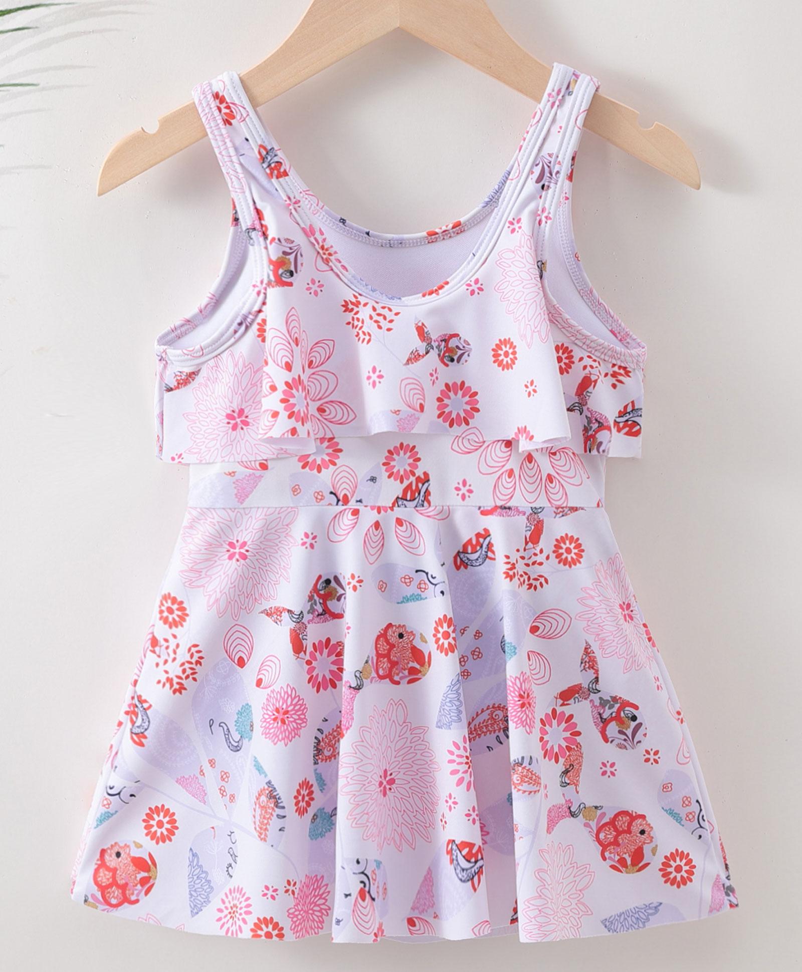 Babyhug Sleeveless Frock Swimsuit Floral Print- White & Red-image-45