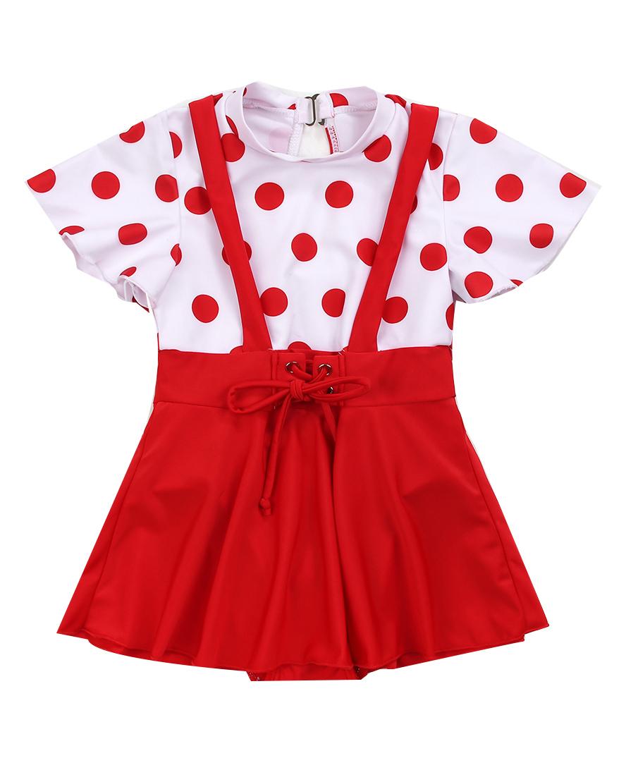 Babyhug Half Sleeves Frock Swimsuit Polka Dots Print - Red-image-12