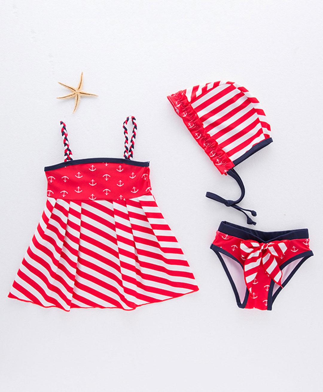 Babyhug Singlet Sleeves Striped Frock Swimsuit with Cap & Bikini Bottomwear - Red-image-5