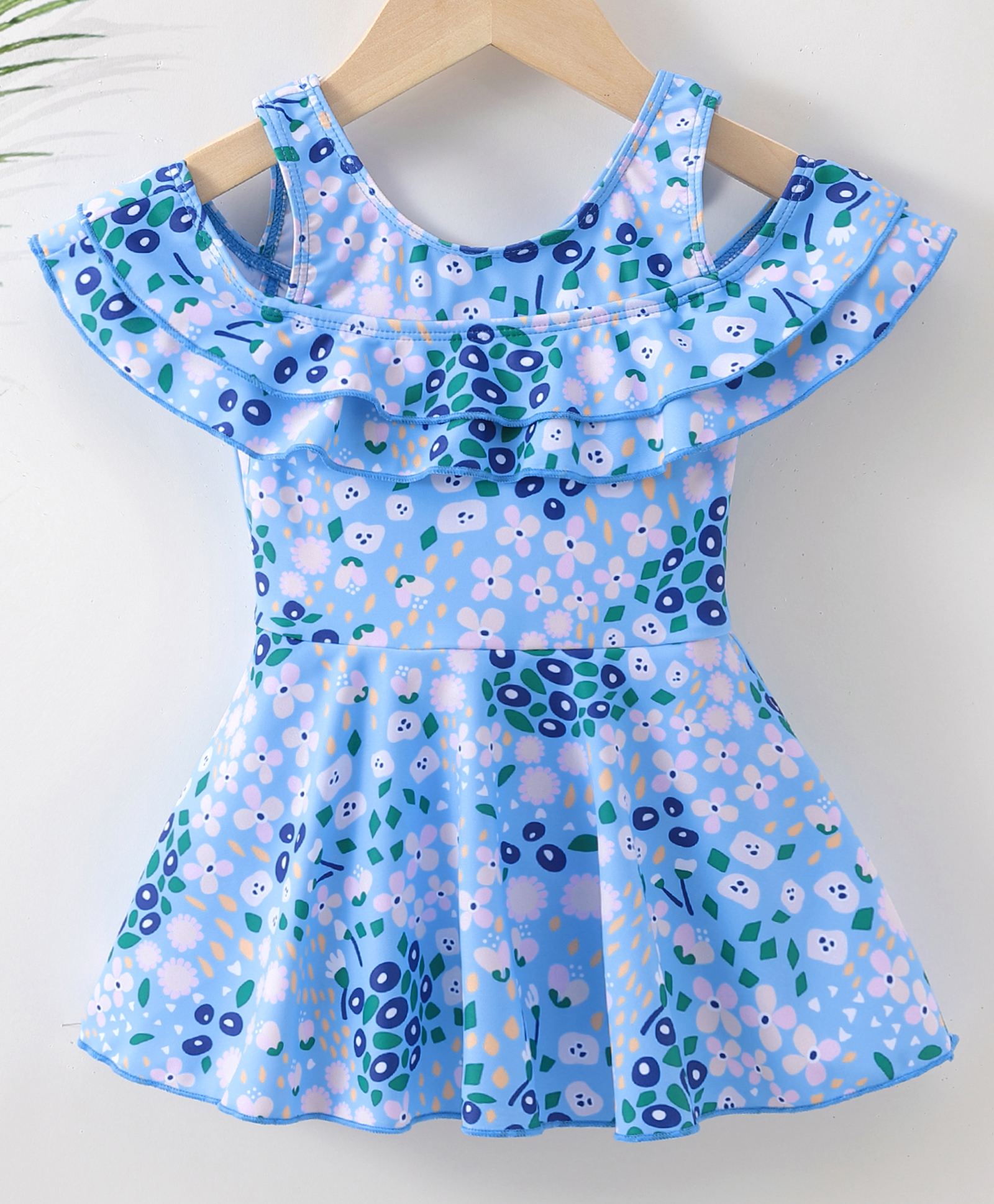 Kookie Kids Cold Shoulder Sleeves Frock Swimsuit Floral Print- Blue-picture-16