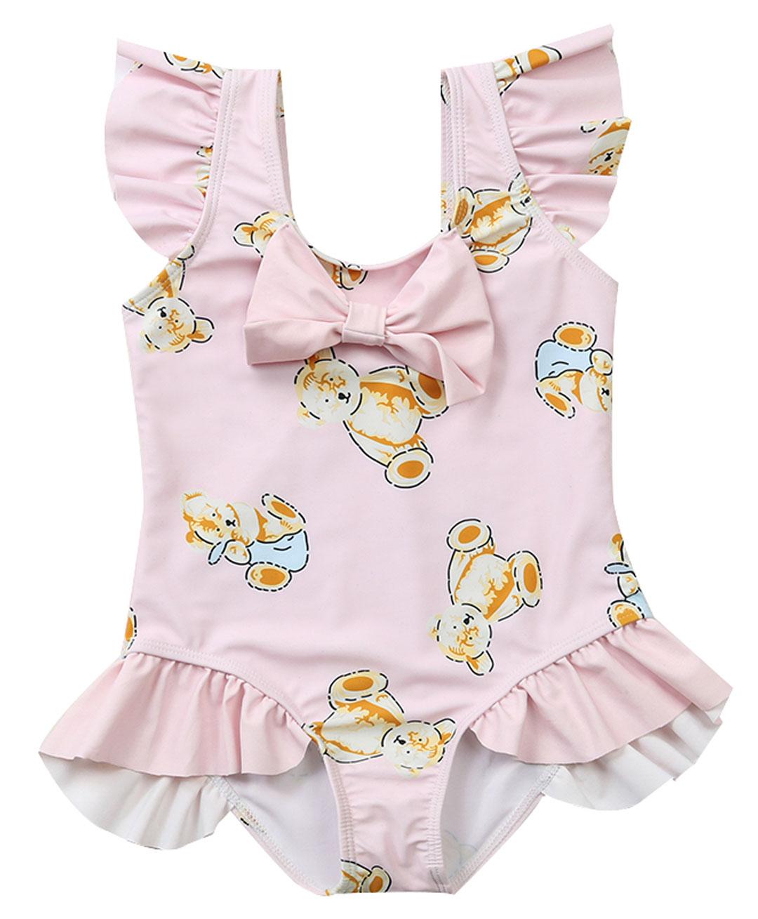 Kookie Kids Cap Sleeves Swimsuit Teddy Print with Bow Applique - Pink-image-39