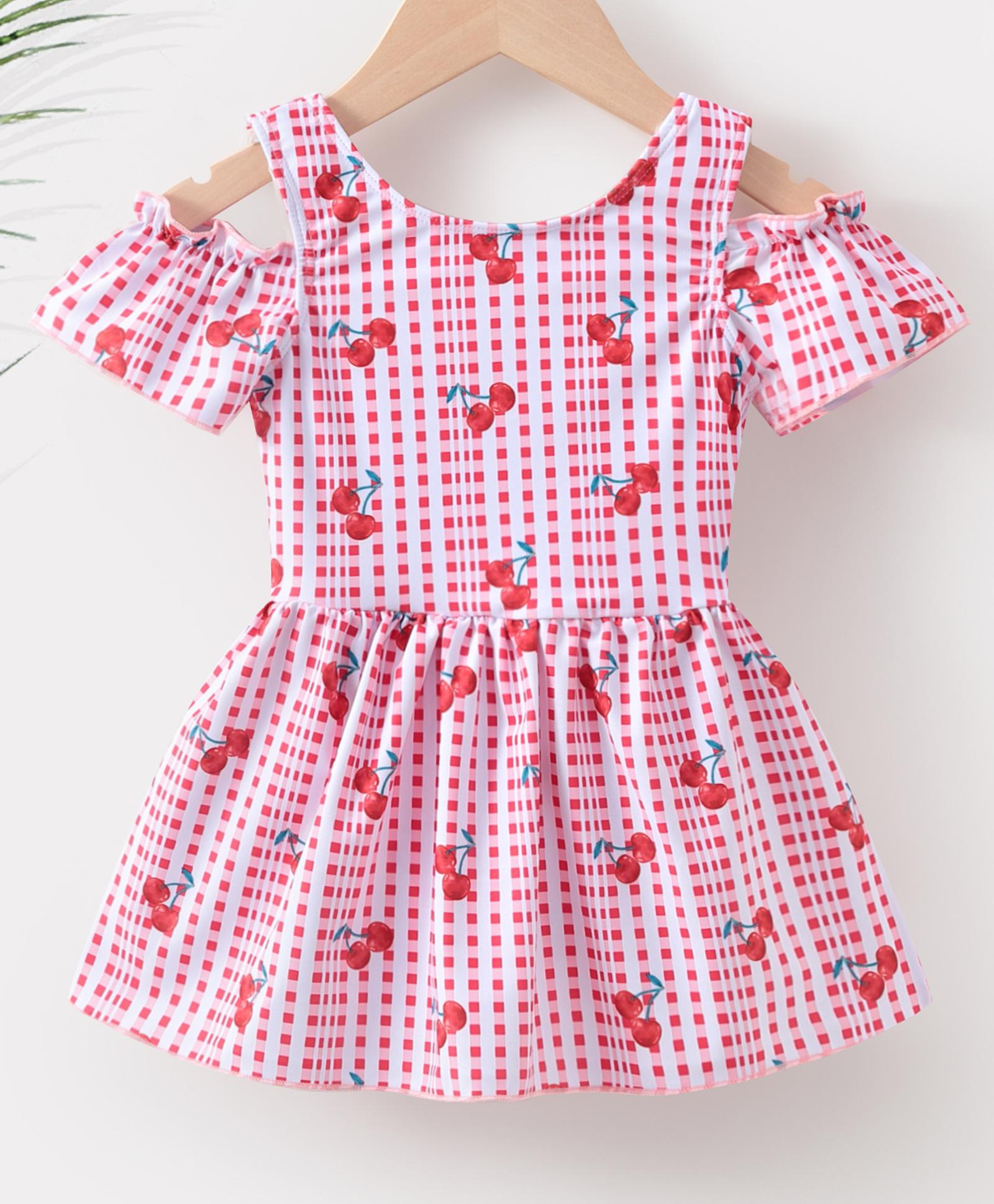 Kookie Kids Cold Shoulder Sleeves Frock Swimsuit Checks & Cherry Print- Pink-picture-19