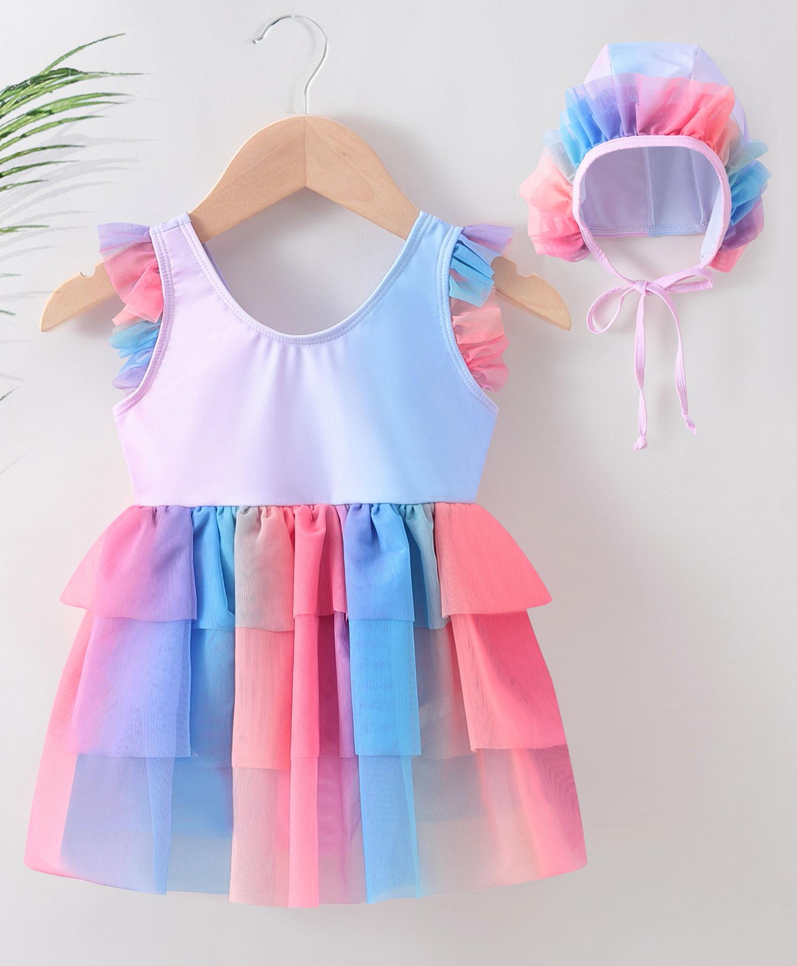 Kookie Kids Frill Sleeves Layered Detailing Frock Swimsuit - Blue & Pink-picture-29