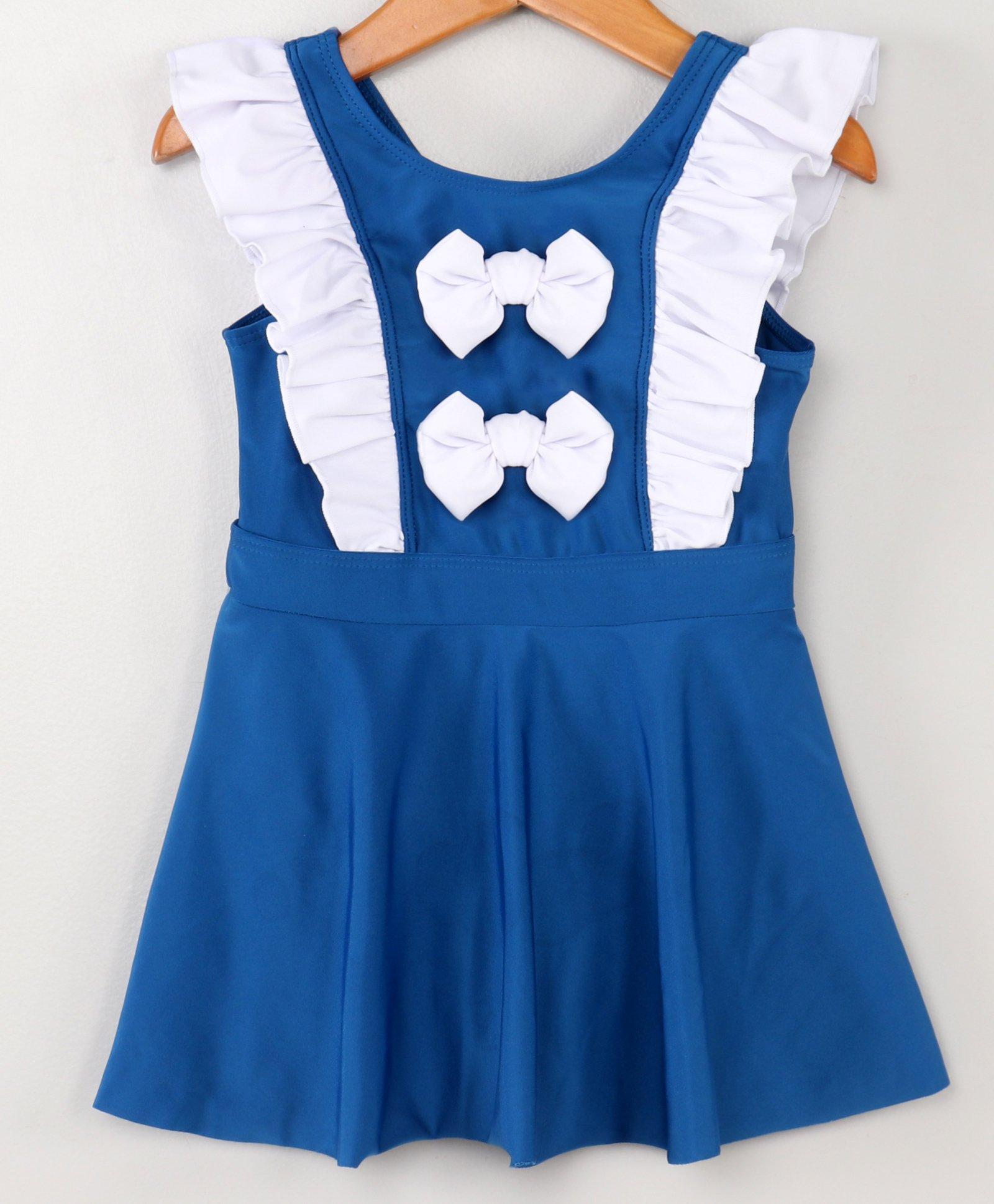 Kookie Kids Sleeveless Frock Solid Swimsuit with Bow Applique & Frill Detailing - Blue-picture-31