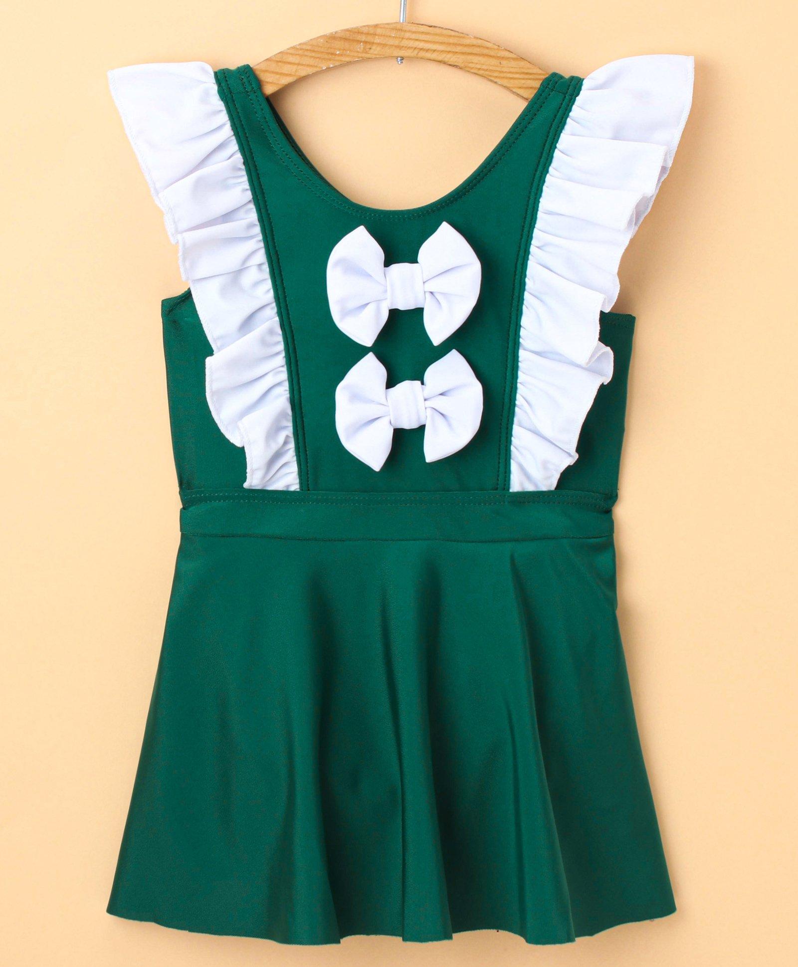 Kookie Kids Sleeveless Frock Solid Swimsuit with Bow Applique & Frill Detailing - Green-picture-27