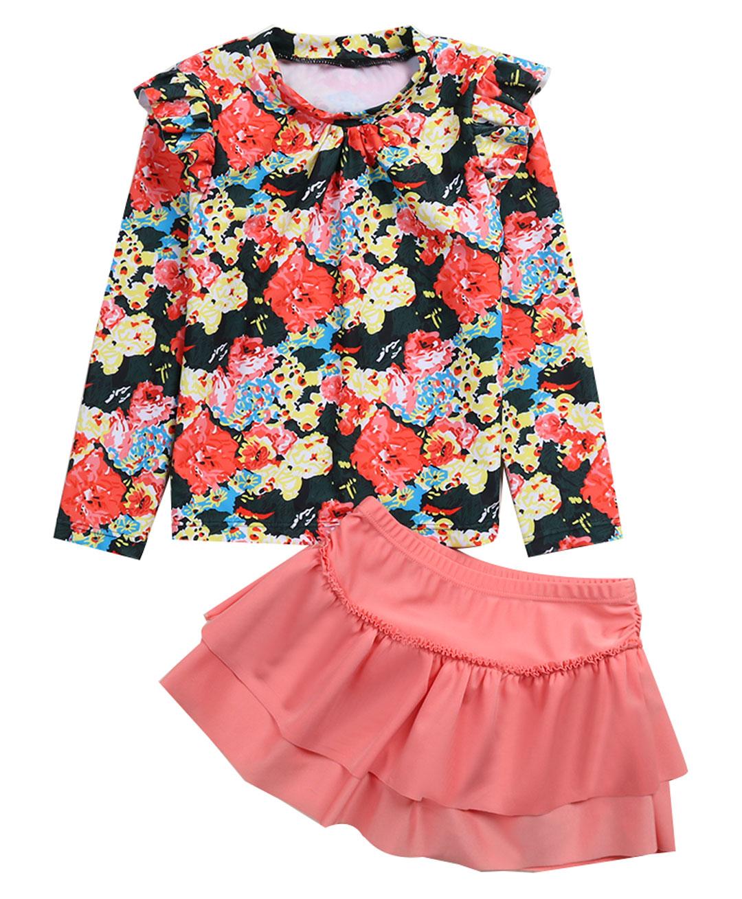 Kookie Kids Two Piece Swimsuit Floral Printed Full Sleeves Top and Solid Colour Skirt - Multicolour-image-27