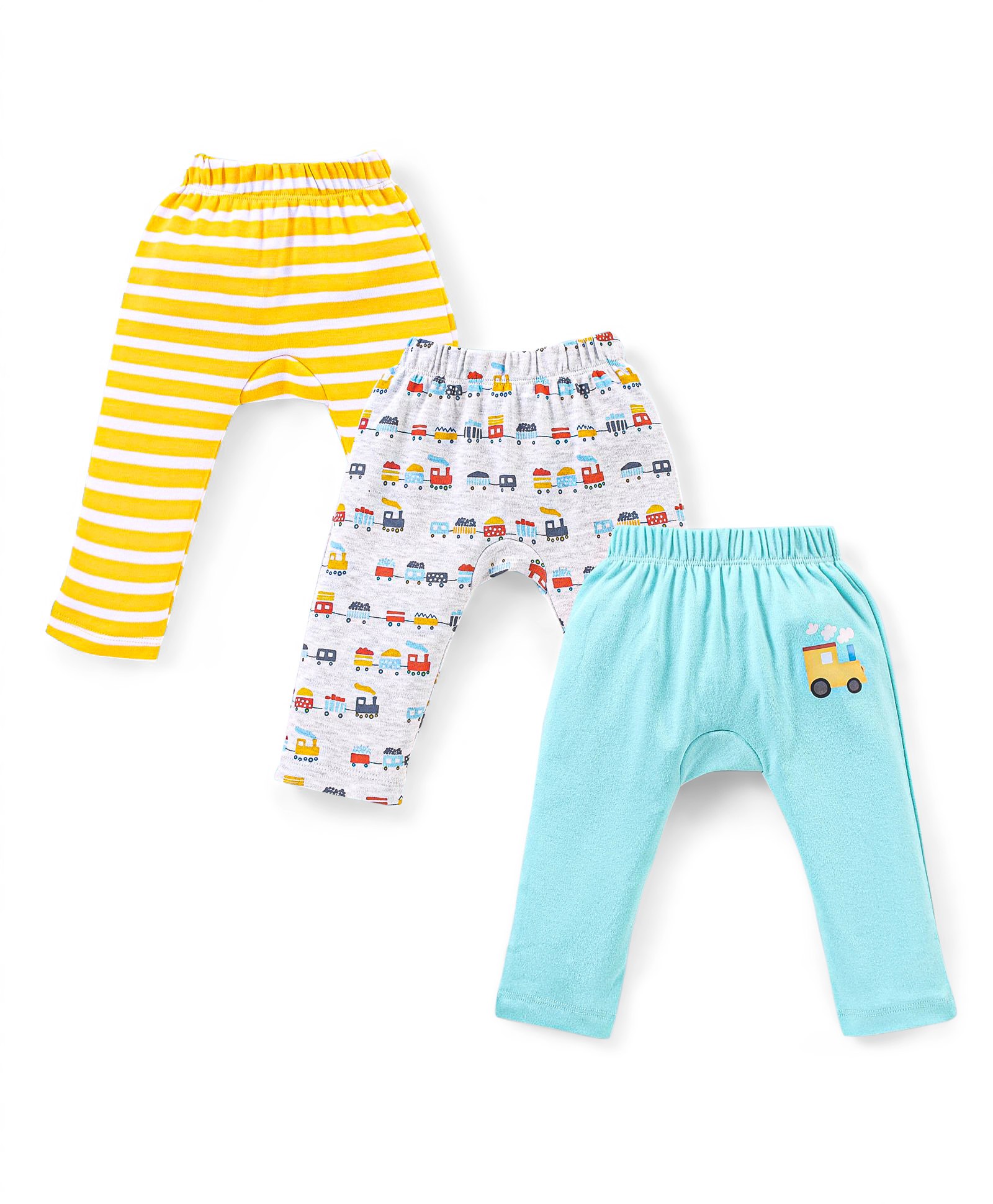 Babyhug Cotton Full Length Diaper Leggings Stripes & Train Print Pack of 3- Blue & White-image-33