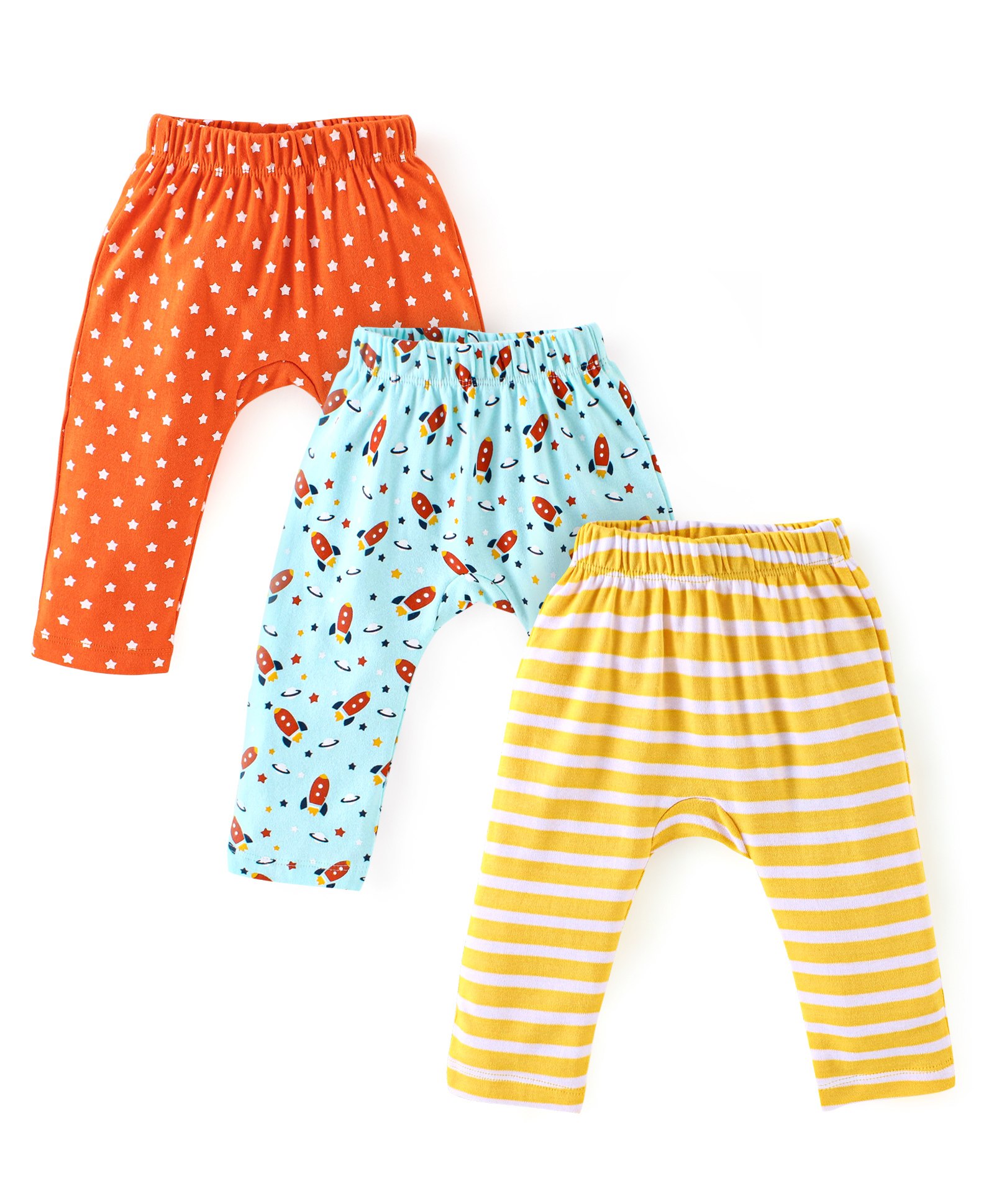 Babyhug Cotton Knit Full Length Diaper Pants Rocket Print Pack of 3 - Yellow Blue & Orange-picture-28
