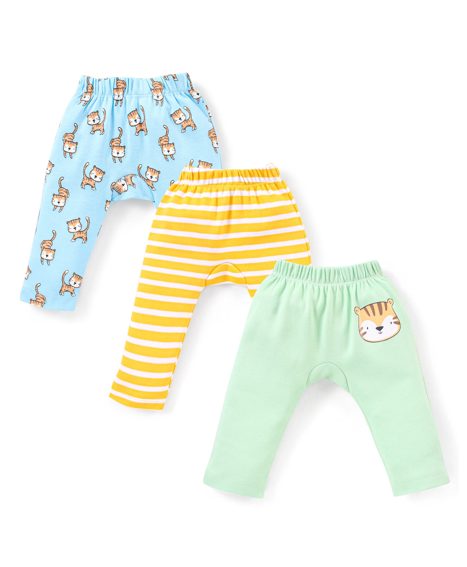 Babyhug Cotton Knit Full Length Striped Diaper Leggings Cubs Print Pack of 3 - Yellow Green & Blue