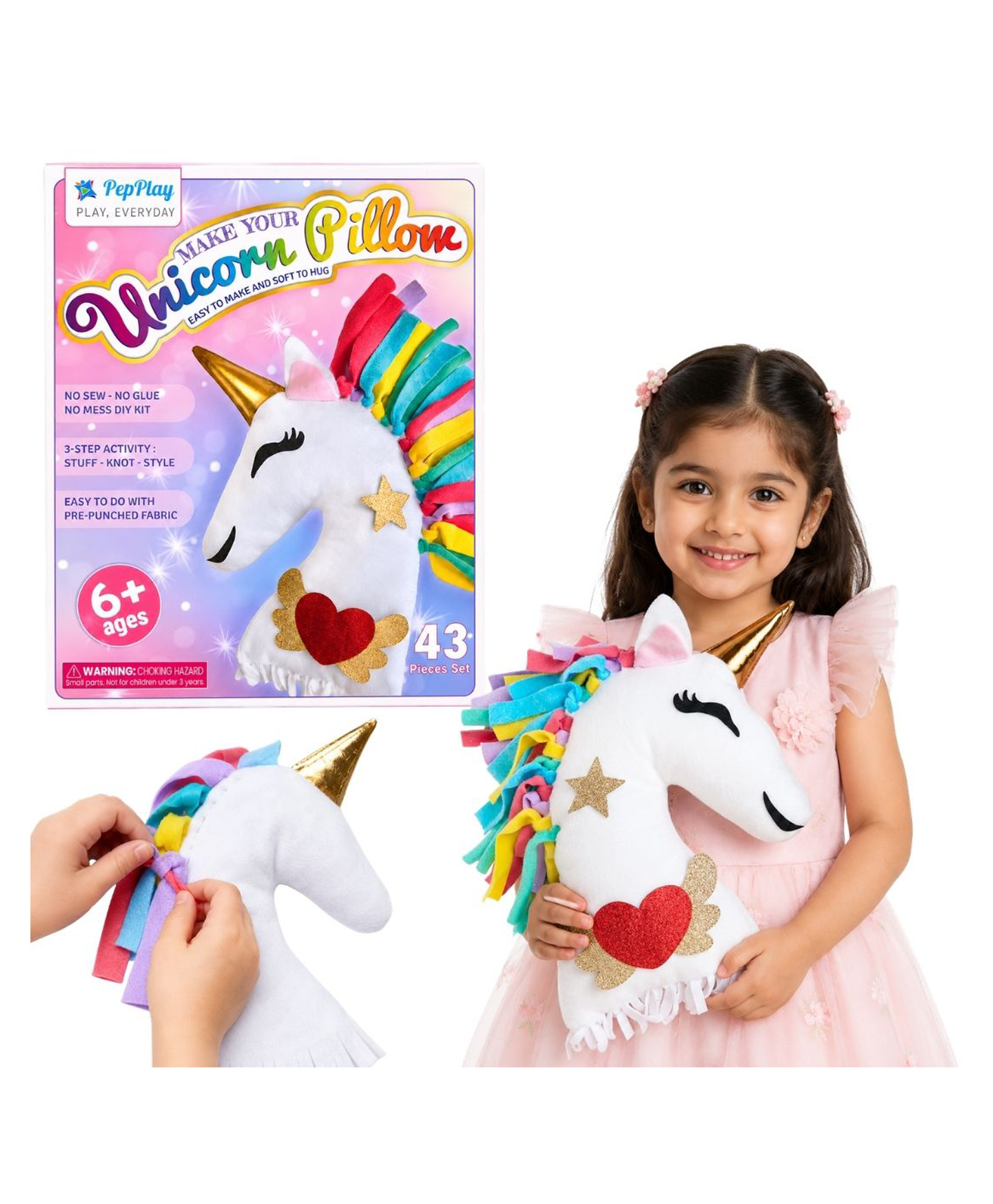 PepPlay Unicorn Pillow DIY kit Art & Craft Activity Kit for Kids | Gift Toys for Home Decor Item White - 43 Pieces-picture-20