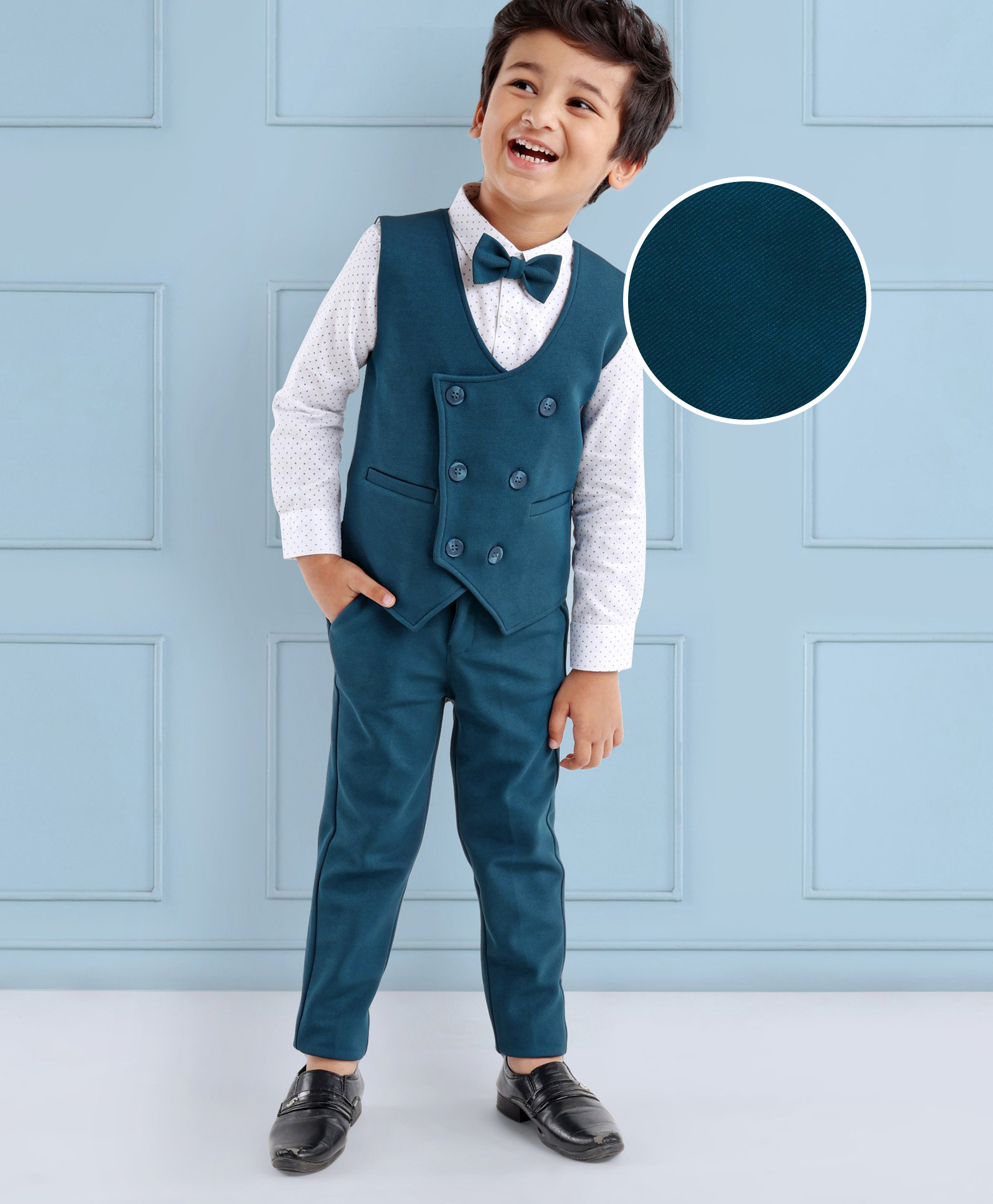 Mark & Mia Full Sleeves Dotted Party Suit with Bow & Solid Colour Waistcoat - Green-picture-18