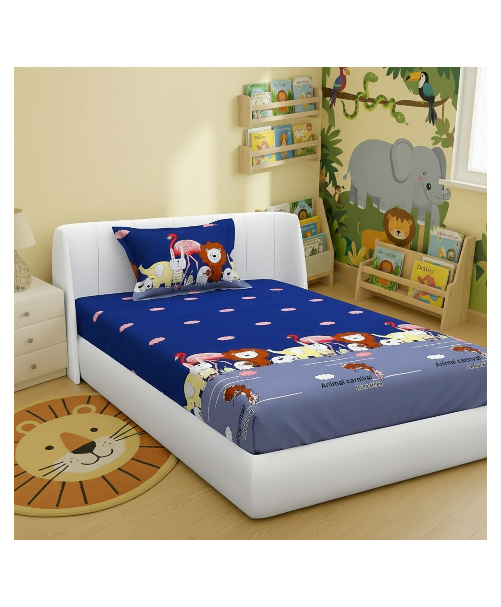 Filymore Kids Animal carnival theme based single bedsheet set made with pure Microfiber Designer BedSheet for Single Bed 1 Bedsheet 1 Pillow Cover - Navy Blue and Grey-image-39