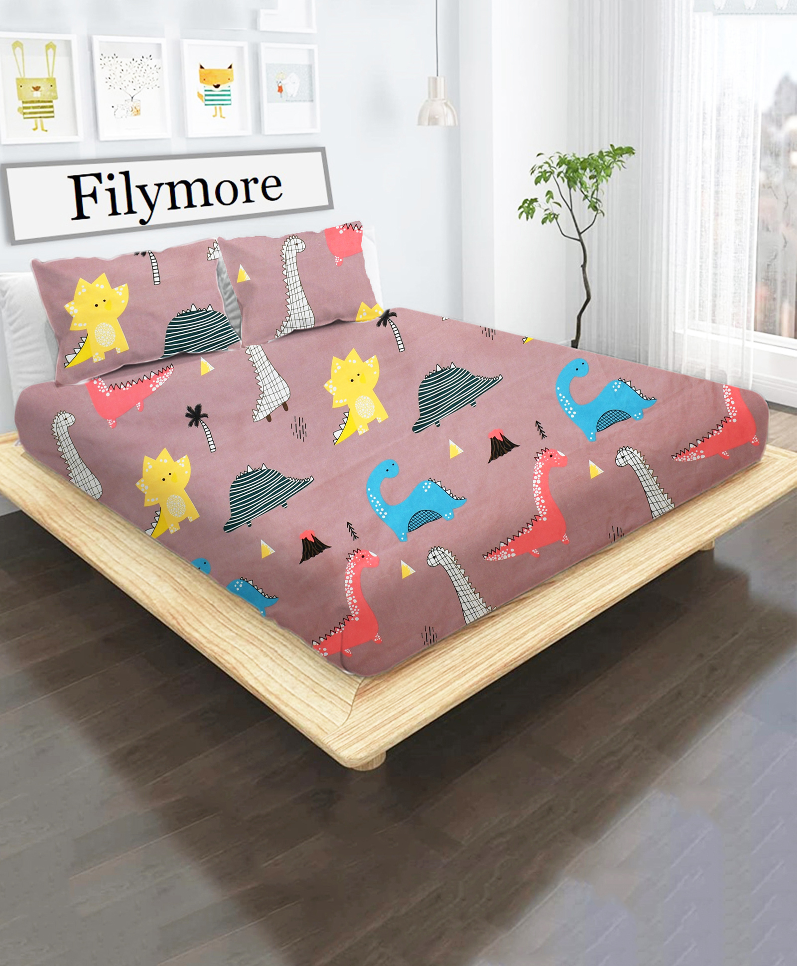 Filymore Cute Dinosaur Kids Double Bedsheet with 2 Pillow Covers Cute Cartoon Printed Bed Cover Made with Pure Microfiber Bedsheet --image-38