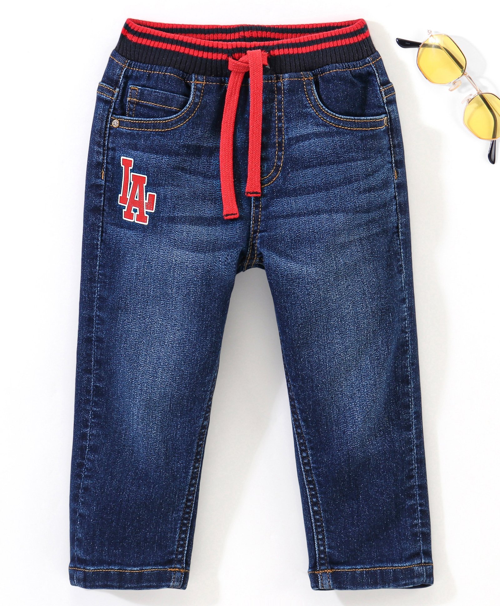 Babyhug Cotton Full Length Stretchable Denim Jeans Text Print - Blue-image-1