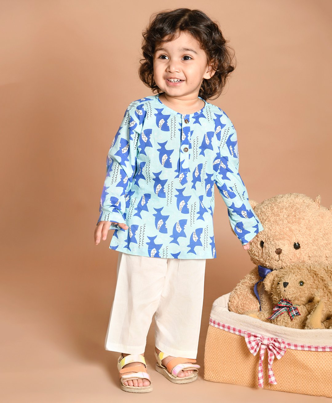 LIL PITAARA Pure Cotton Full Sleeves Seamless Whale & Sea Waves Printed Kurta With Pyjama - Blue-picture-12