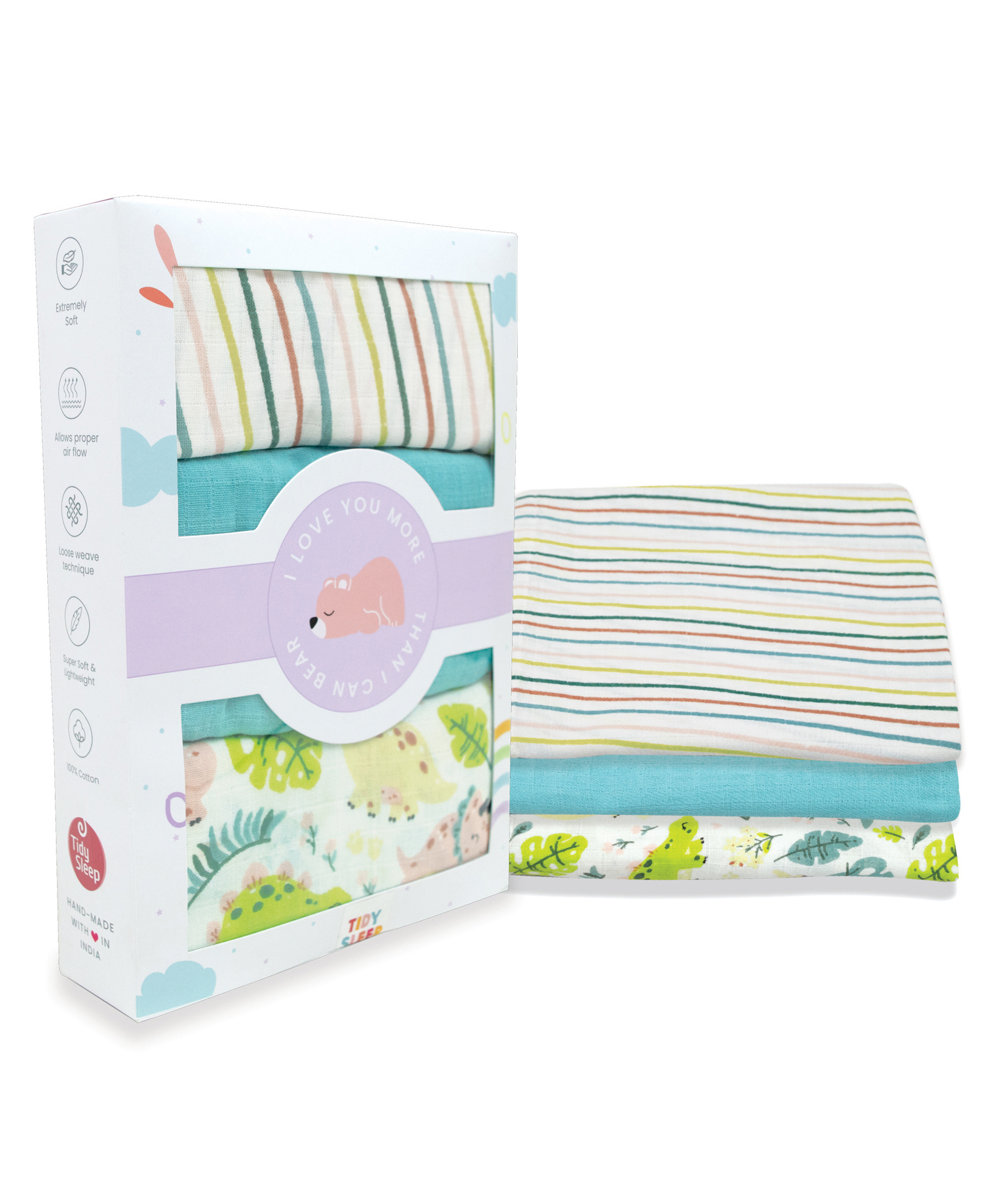 TIDY SLEEP 100% Cotton Muslin Swaddle Wrap Pack of 3 - Blue White Green-image-33