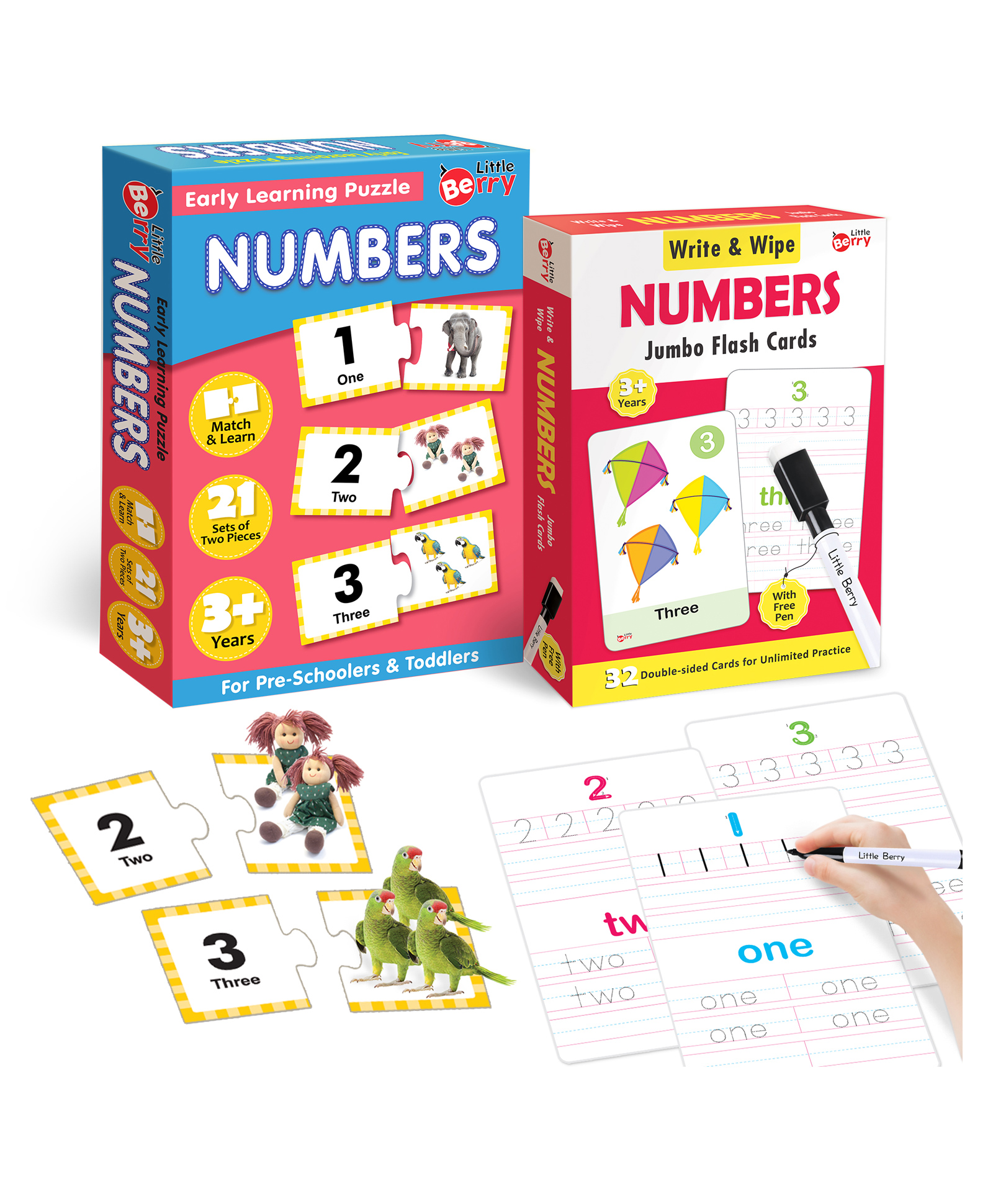 Little Berry Numbers Match and Learn Puzzle and Write and Wipe Activity Flashcards  Multicolor 42 Pieces and 32 Cards-image-2