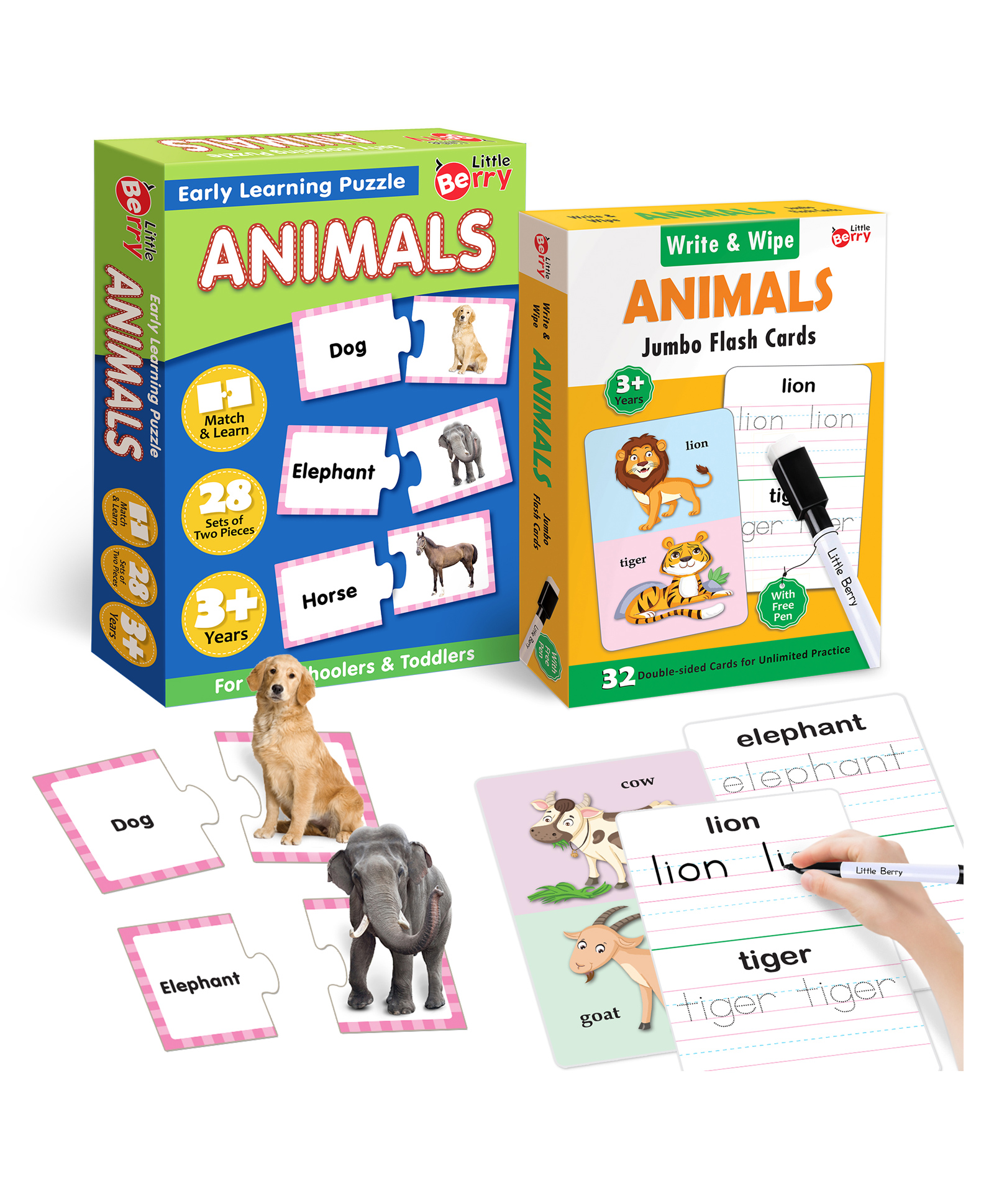 Little Berry Animals Match and Learn Puzzle and Write and Wipe Activity Flashcards Multicolor - 42 Pieces and 32 Cards-image-39