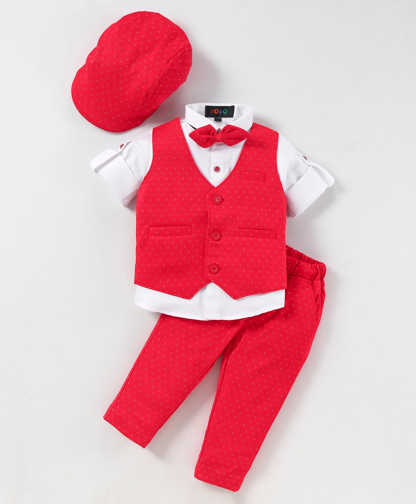 Robo Fry Full Sleeves Cotton Embroidered Party Suit with Bow and Cap - Red-picture-28