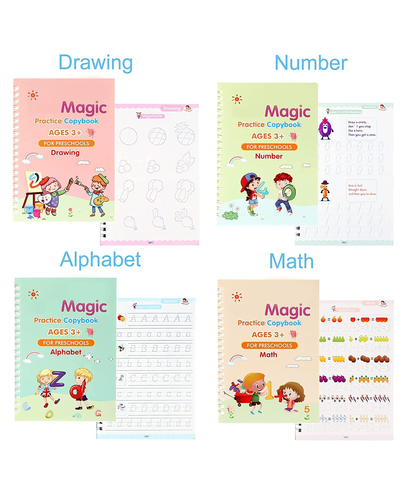 Planet of toys Sank Magic Practice Copybook, (4 BOOKS & 10 REFILLS &  2 Pen & 2 Grips) Number Tracing Book for Preschoolers with Pen Magic Calligraphy Copybook Set Practical Reusable Writing Tool Simple Hand Lettering (Colour May Vary)-image-46