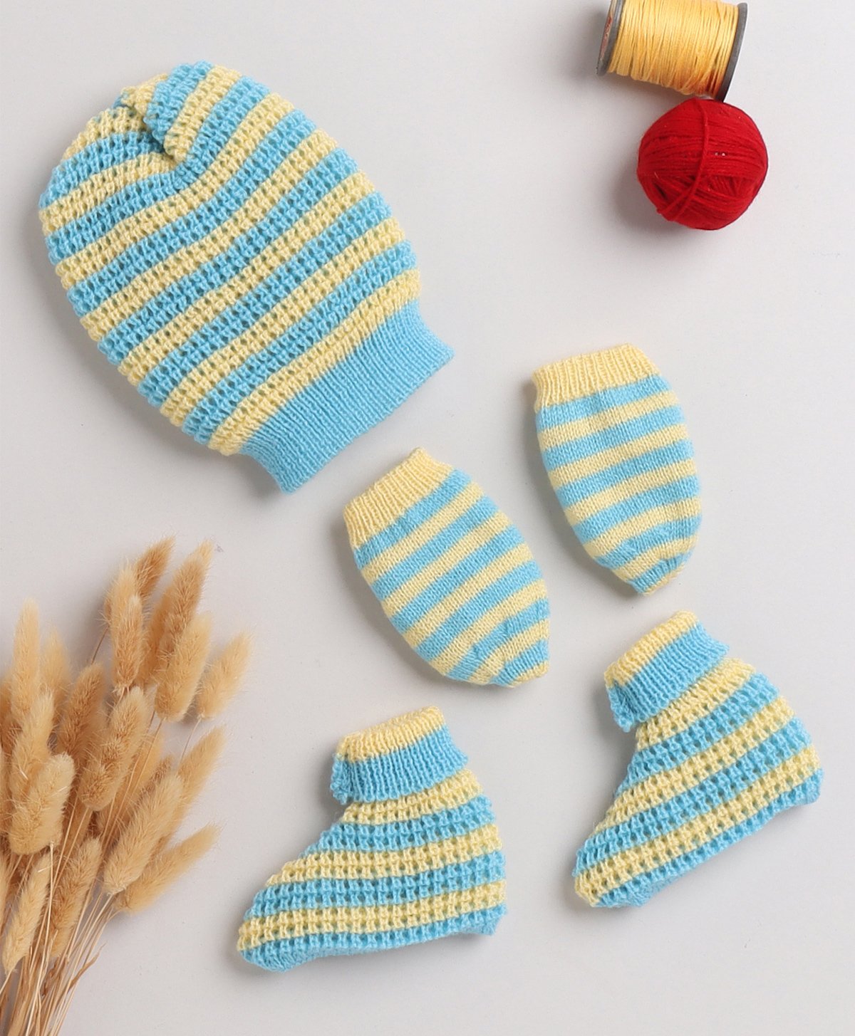 Little Angels Striped Designed Cap With Coordinating Mittens & Socks - Green & Yellow-image-18