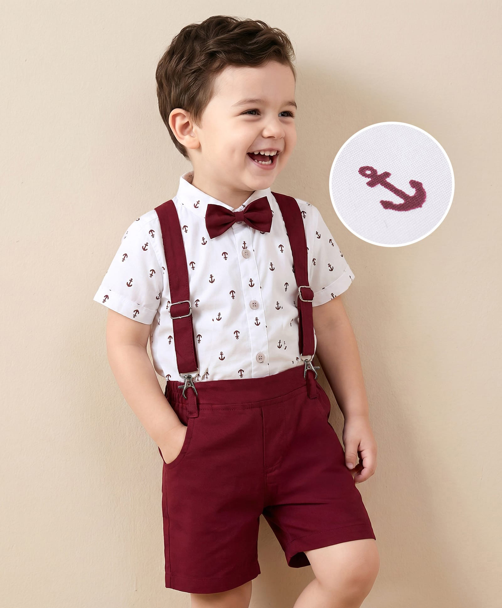 Mark & Mia Half Sleeves Shirt & Shorts Set with Bow Anchor Print - White & Maroon-image-21