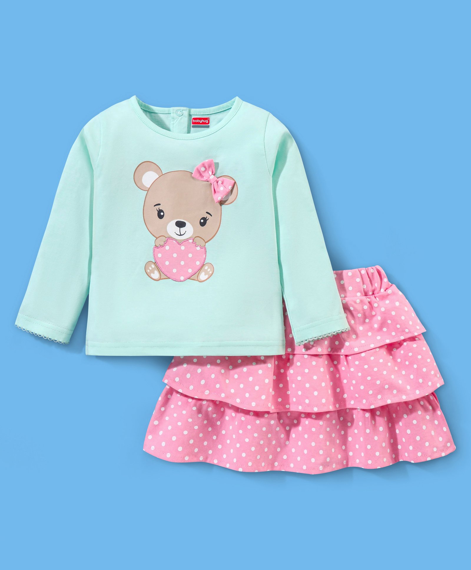 Babyhug 100% Cotton Full Sleeves Top & Skirt Bear Print - Blue & Pink-image-28