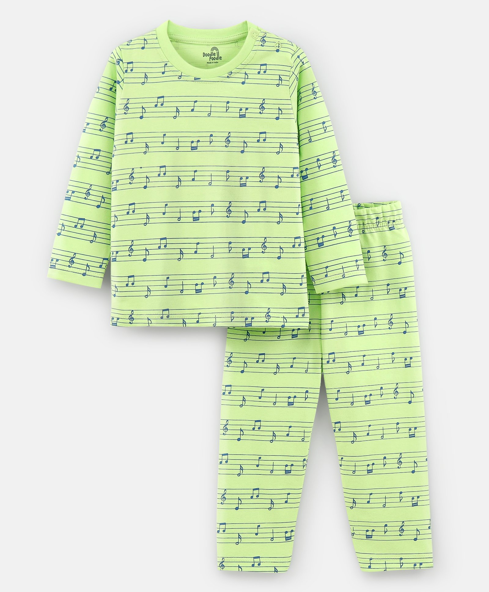 Doodle Poodle 100% Cotton Full Sleeves Night Suit Musical Note Print - Green-picture-28