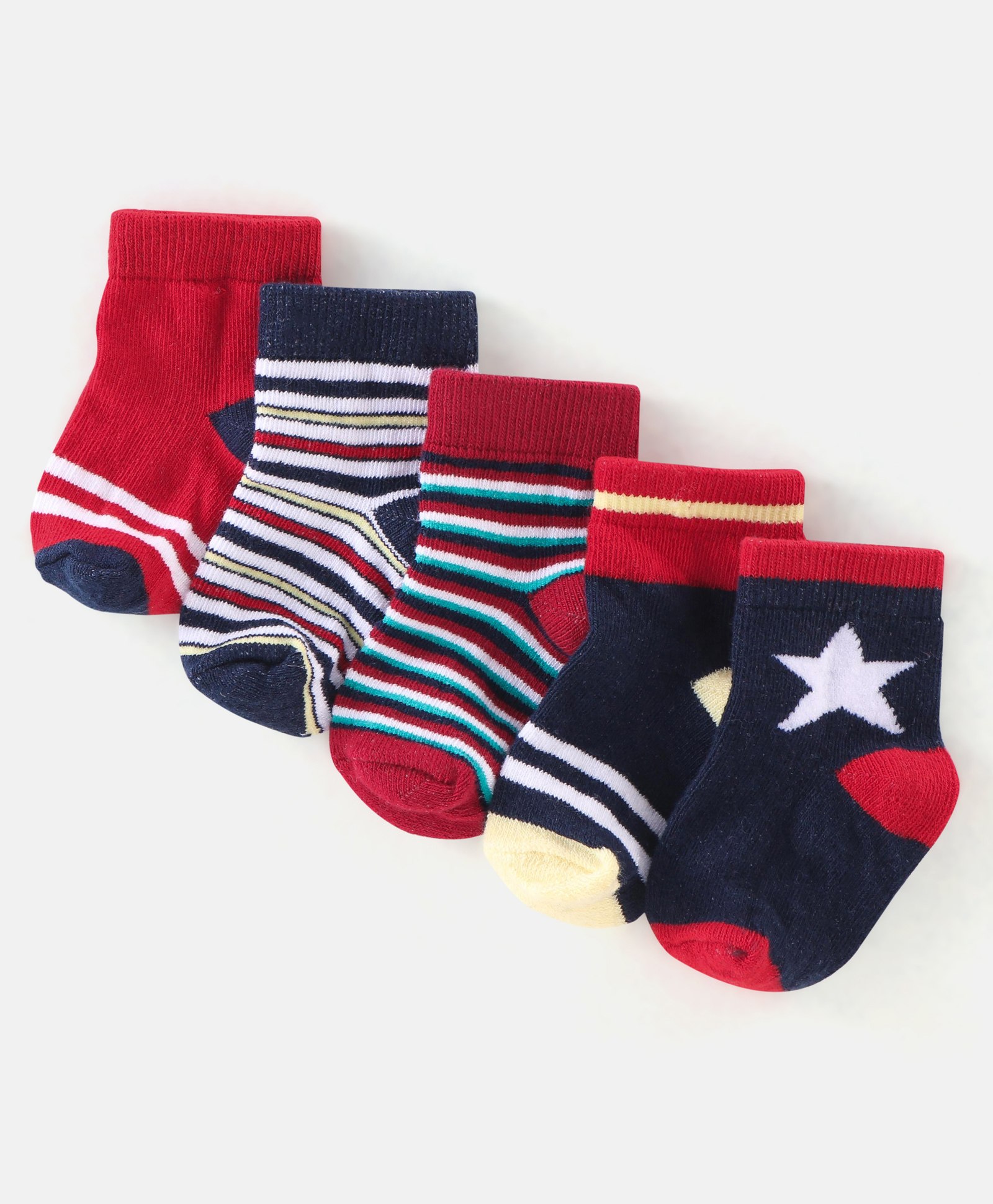 Cutewalk By Babyhug Anti Bacterial Ankle Length Socks Stripes & Star Design Pack Of 5- Navy Blue & Red-image-24